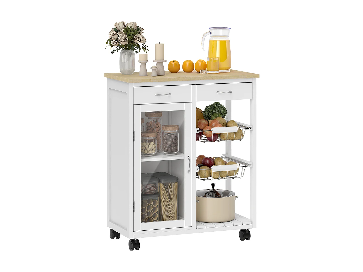 Desserte de cuisine à roulettes, îlot central cuisine avec plateau en bambou, porte vitrée, 67 x 35 x 80 cm, blanc