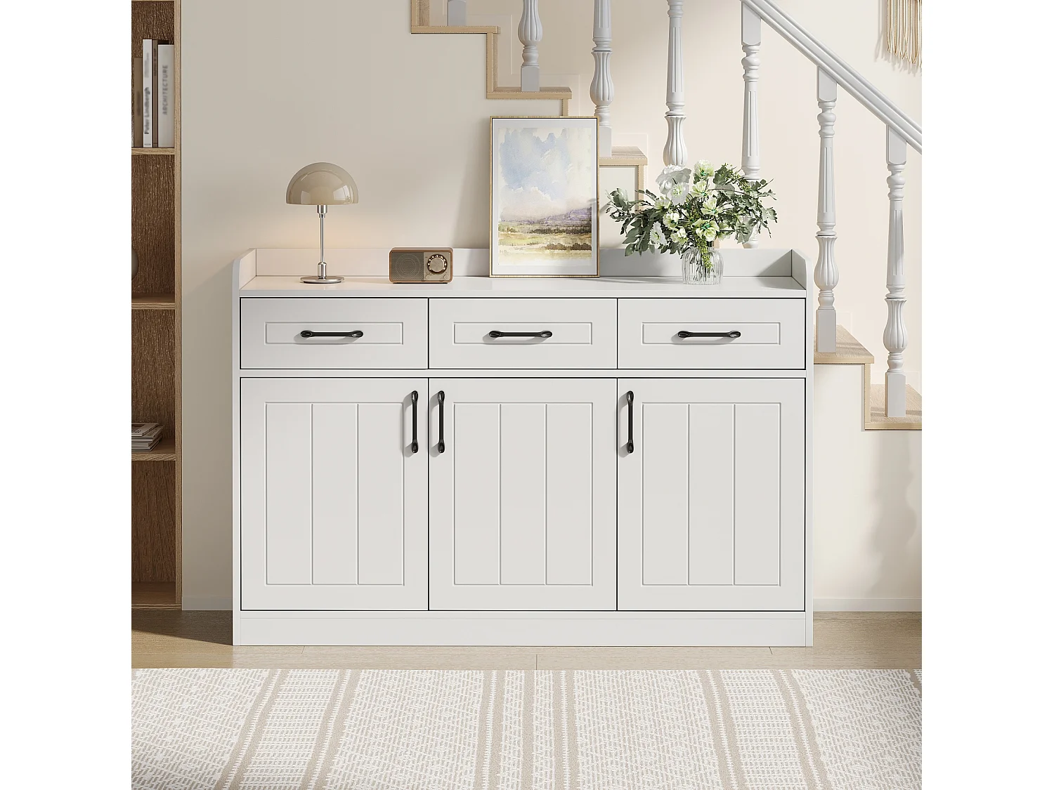 Modernes Sideboard fürs Wohnzimmer – 120 x 35 x 80 cm – mit 3 Schubladen und 3 Türen – Spanplatte – weiß