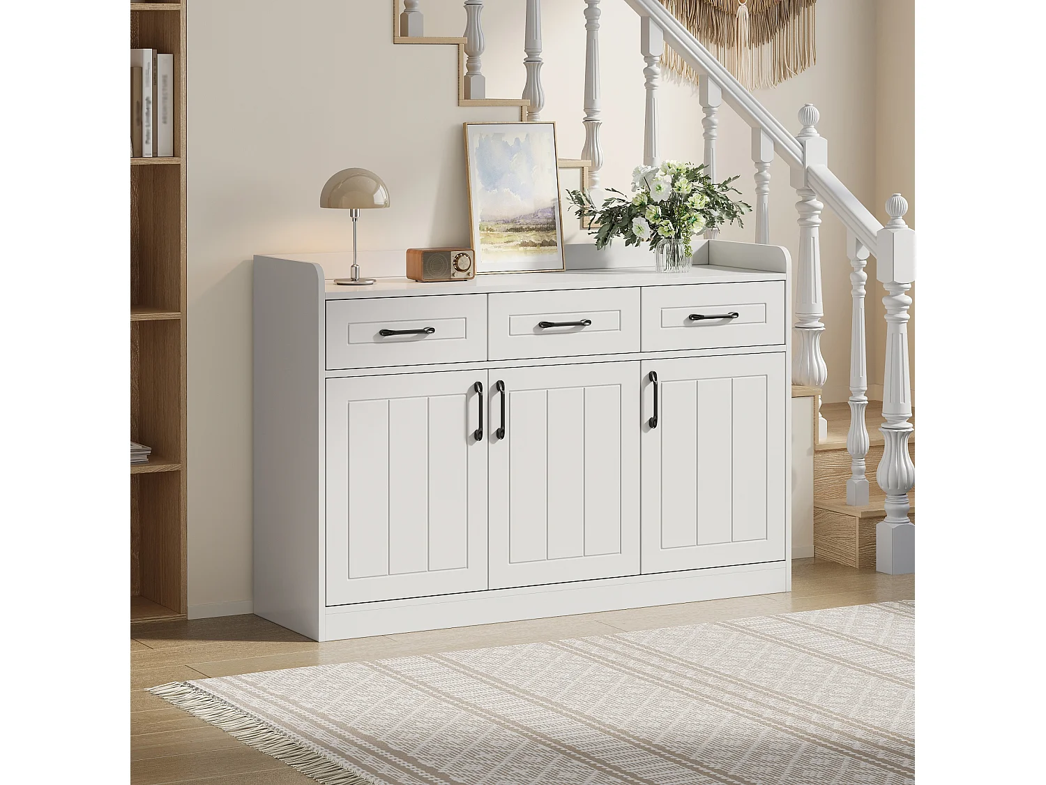 Modernes Sideboard fürs Wohnzimmer – 120 x 35 x 80 cm – mit 3 Schubladen und 3 Türen – Spanplatte – weiß