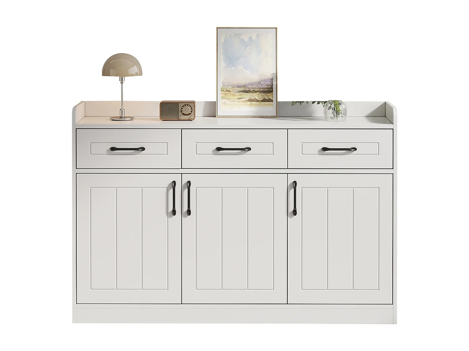 Modernes Sideboard fürs Wohnzimmer – 120 x 35 x 80 cm – mit 3 Schubladen und 3 Türen – Spanplatte – weiß