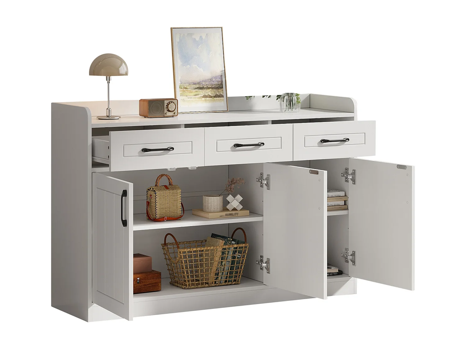 Modernes Sideboard fürs Wohnzimmer – 120 x 35 x 80 cm – mit 3 Schubladen und 3 Türen – Spanplatte – weiß