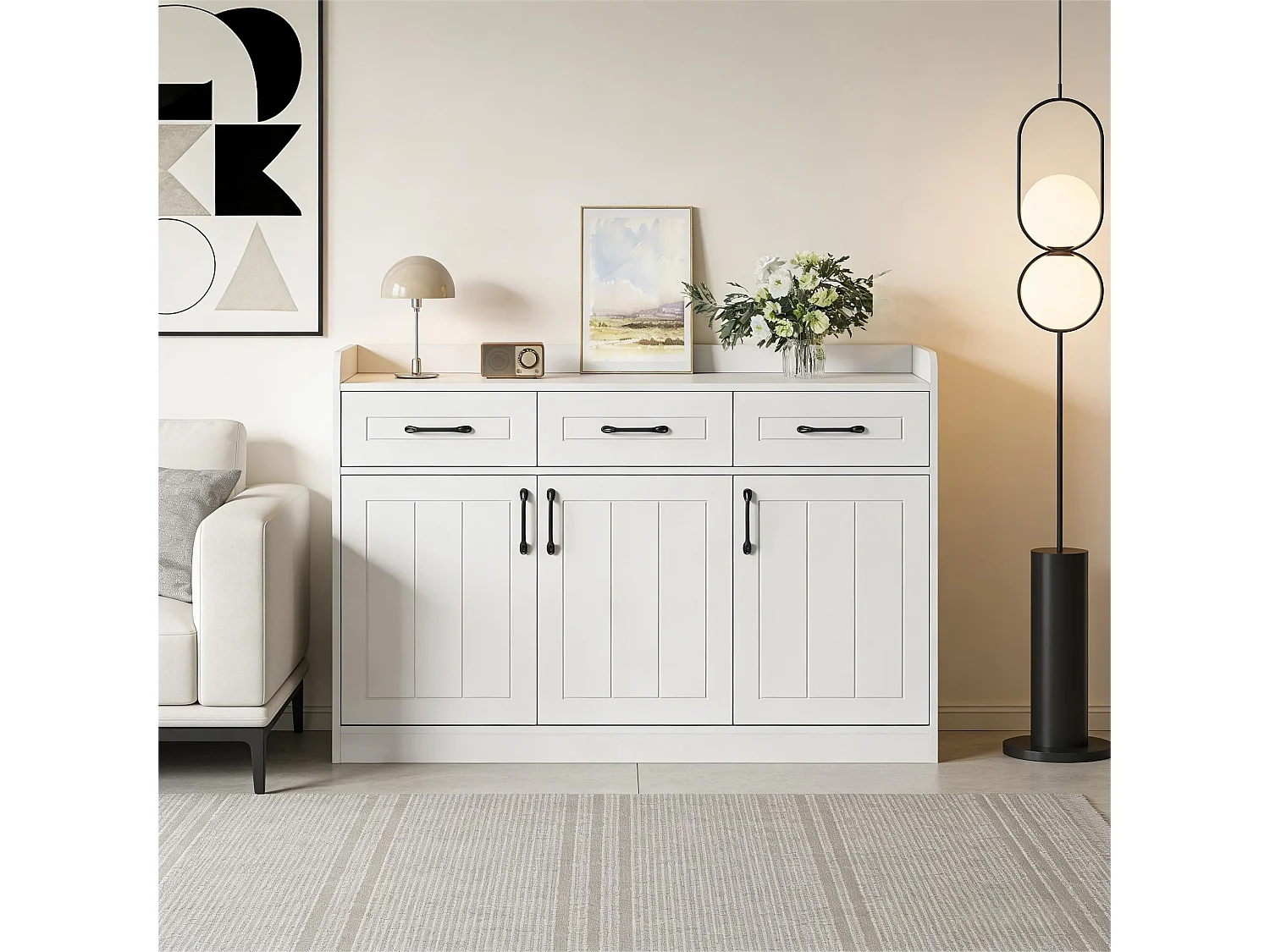 Modernes Sideboard fürs Wohnzimmer – 120 x 35 x 80 cm – mit 3 Schubladen und 3 Türen – Spanplatte – weiß