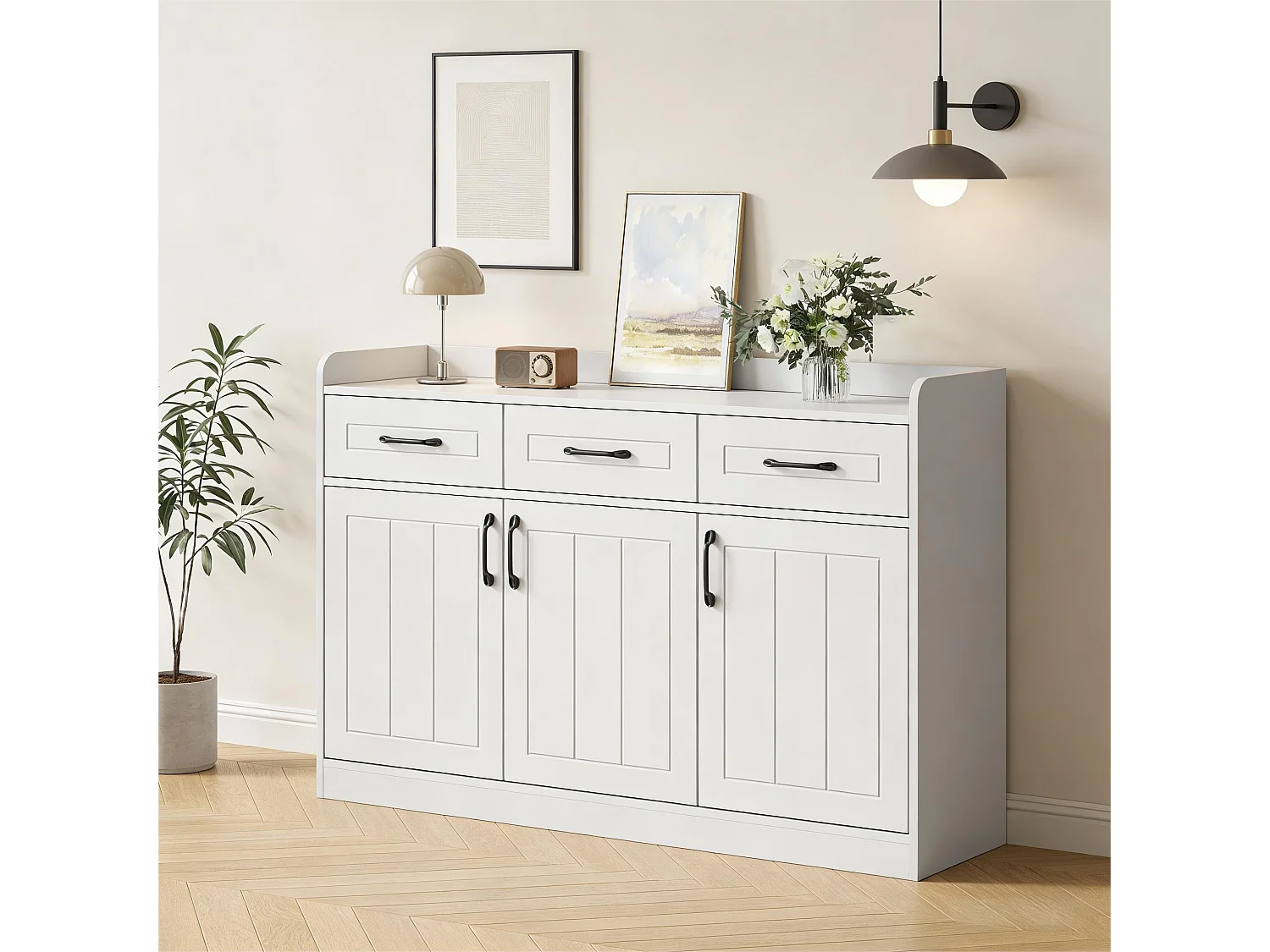 Modernes Sideboard fürs Wohnzimmer – 120 x 35 x 80 cm – mit 3 Schubladen und 3 Türen – Spanplatte – weiß