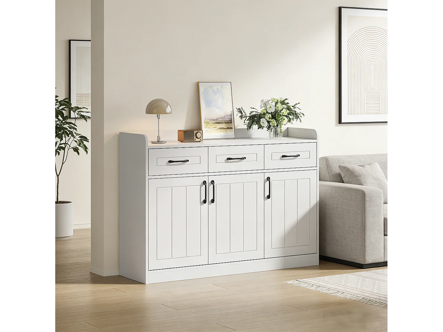 Modernes Sideboard fürs Wohnzimmer – 120 x 35 x 80 cm – mit 3 Schubladen und 3 Türen – Spanplatte – weiß