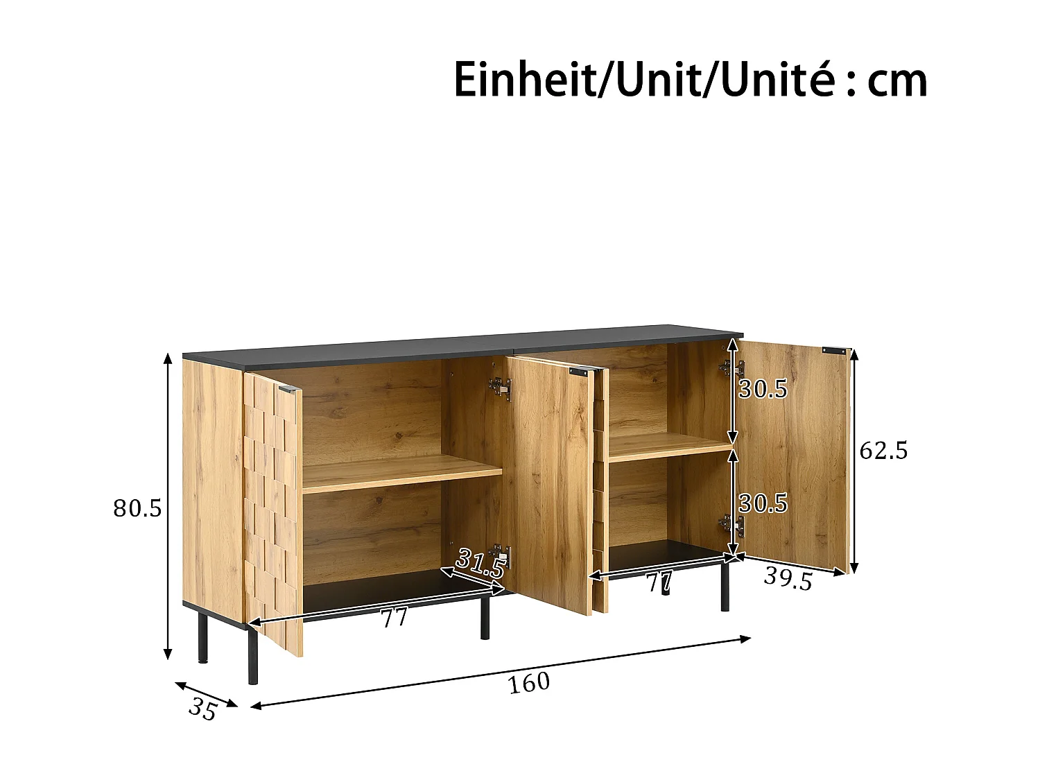 Buffet aspect bois pour pour salon et entrée - 160 x 35 x 80 cm - avec 2 portes - pieds en métal - aggloméré - naturel