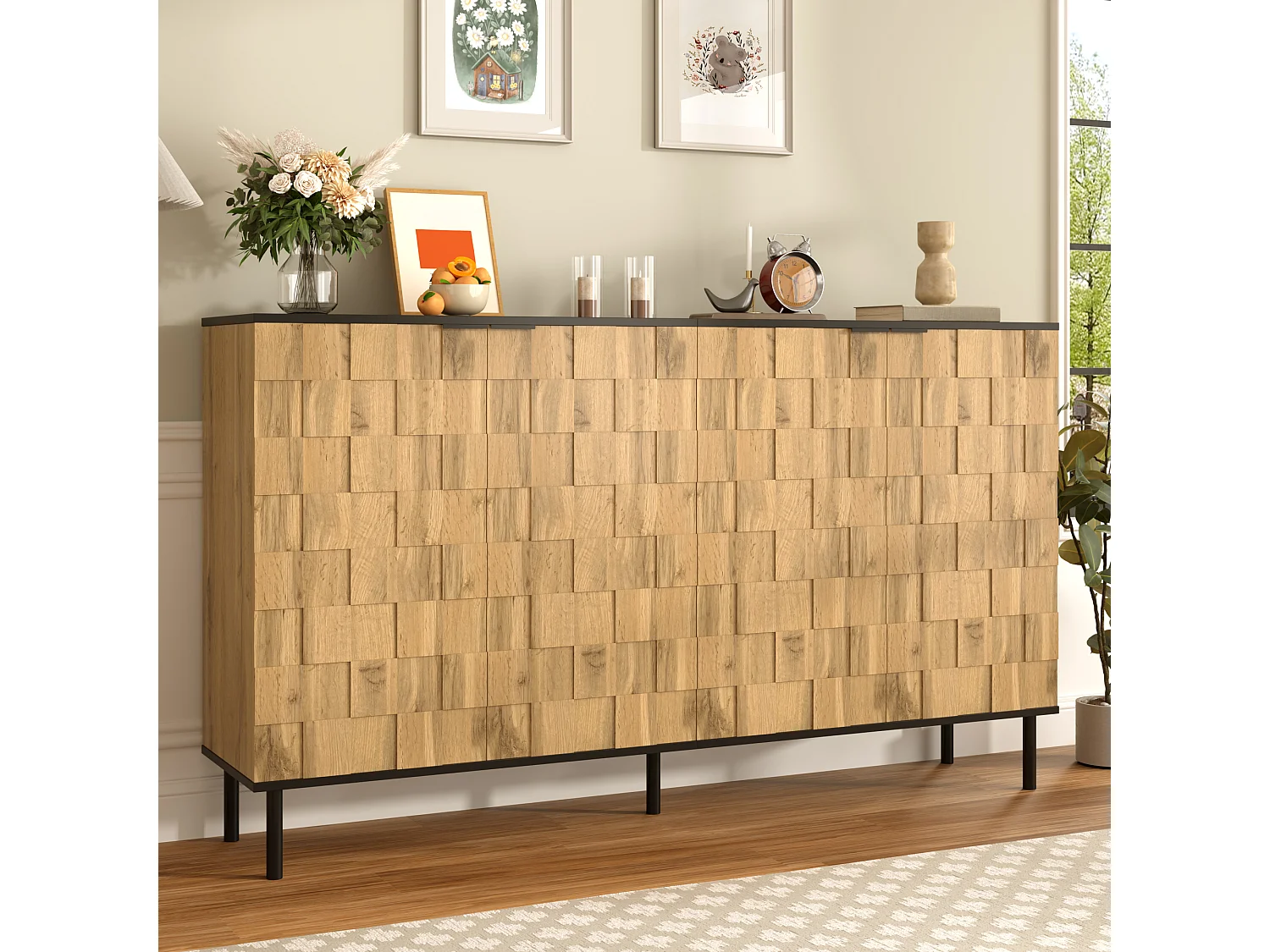 Buffet aspect bois pour pour salon et entrée - 160 x 35 x 80 cm - avec 2 portes - pieds en métal - aggloméré - naturel