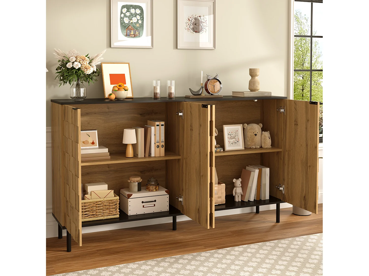 Buffet aspect bois pour pour salon et entrée - 160 x 35 x 80 cm - avec 2 portes - pieds en métal - aggloméré - naturel