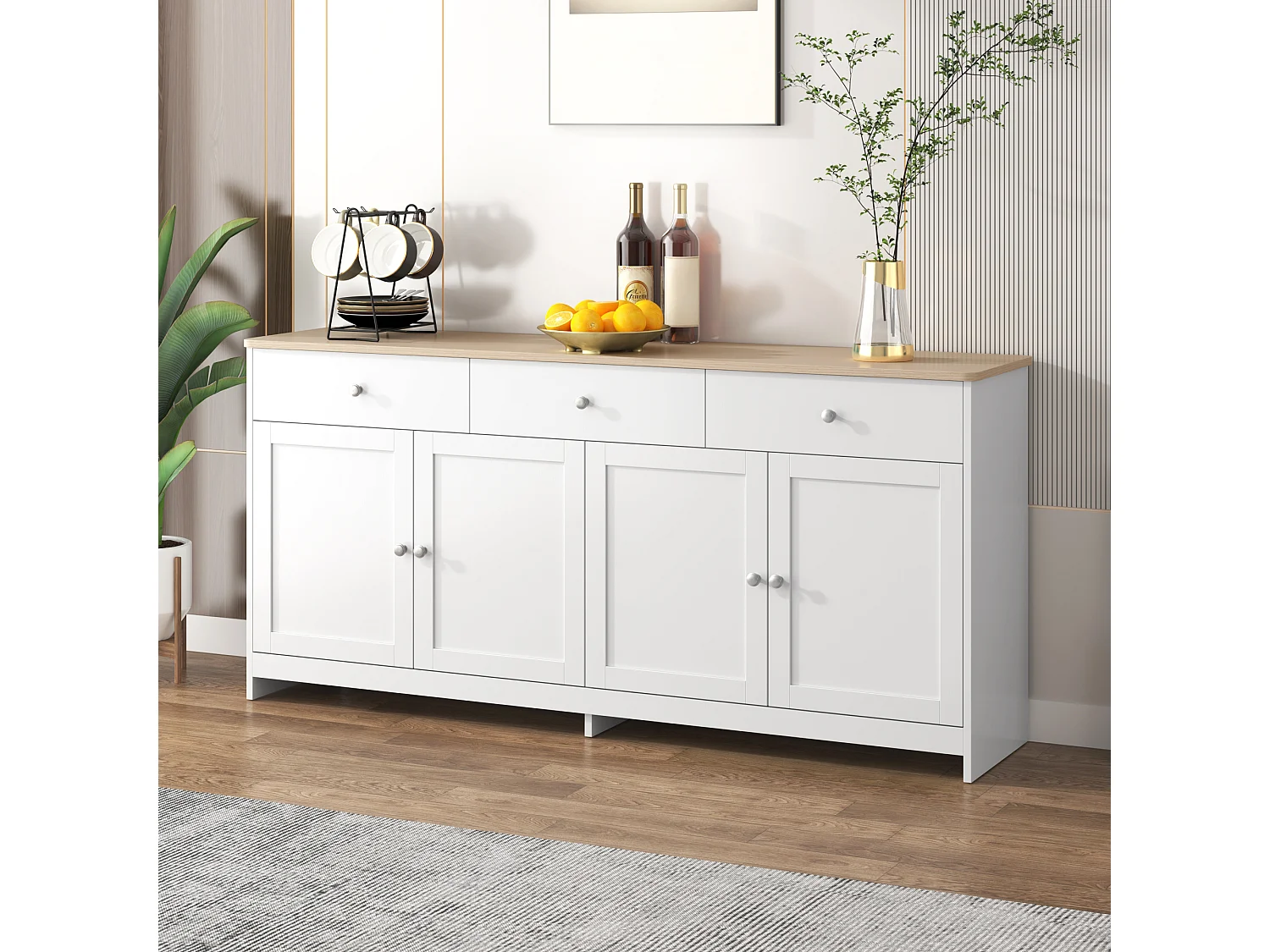 Nowoczesna komoda z drewna do salonu - 160 x 37 x 75 cm - z 4 drzwiami + 3 szufladami - MDF - biała