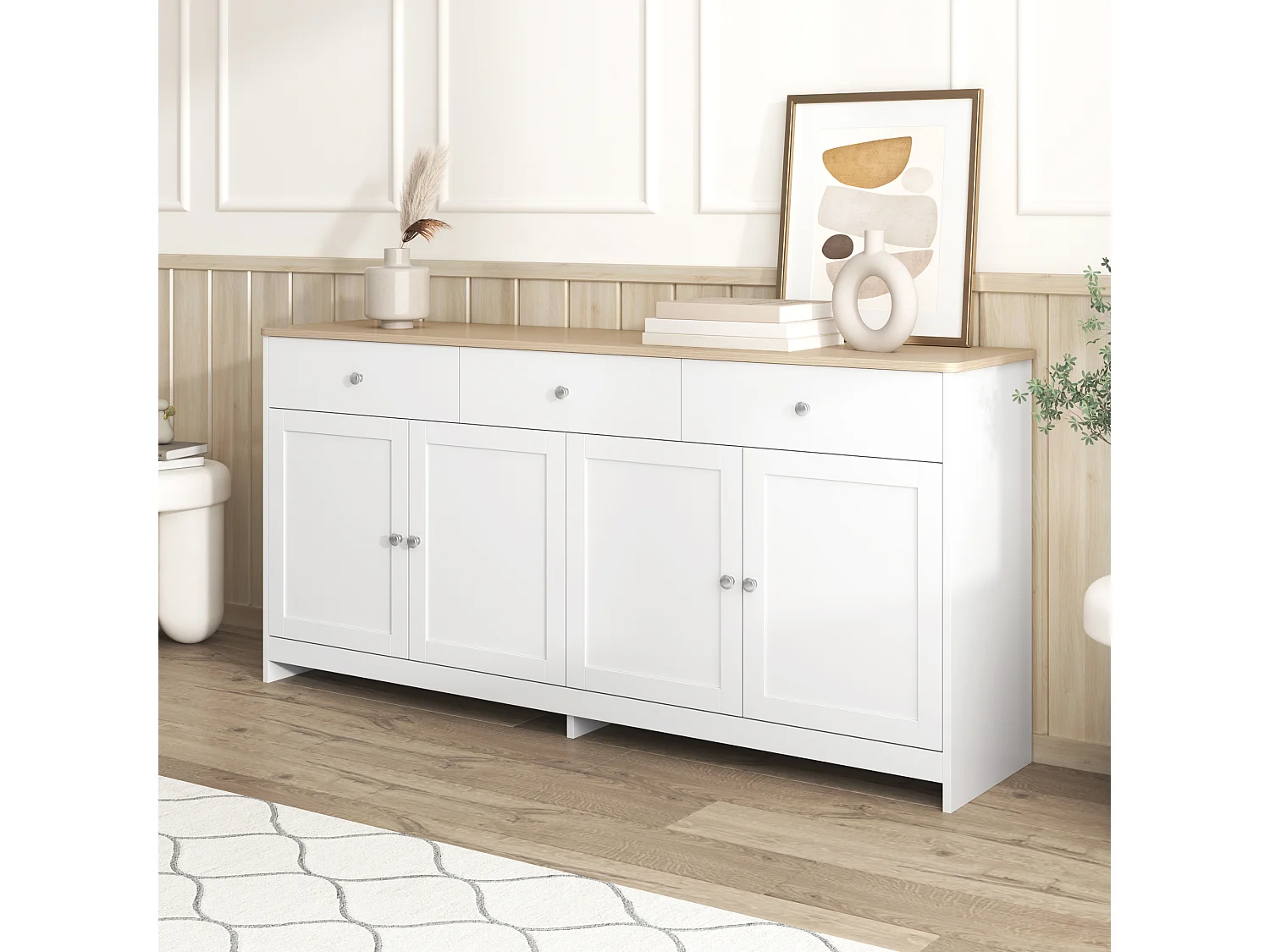 Nowoczesna komoda z drewna do salonu - 160 x 37 x 75 cm - z 4 drzwiami + 3 szufladami - MDF - biała