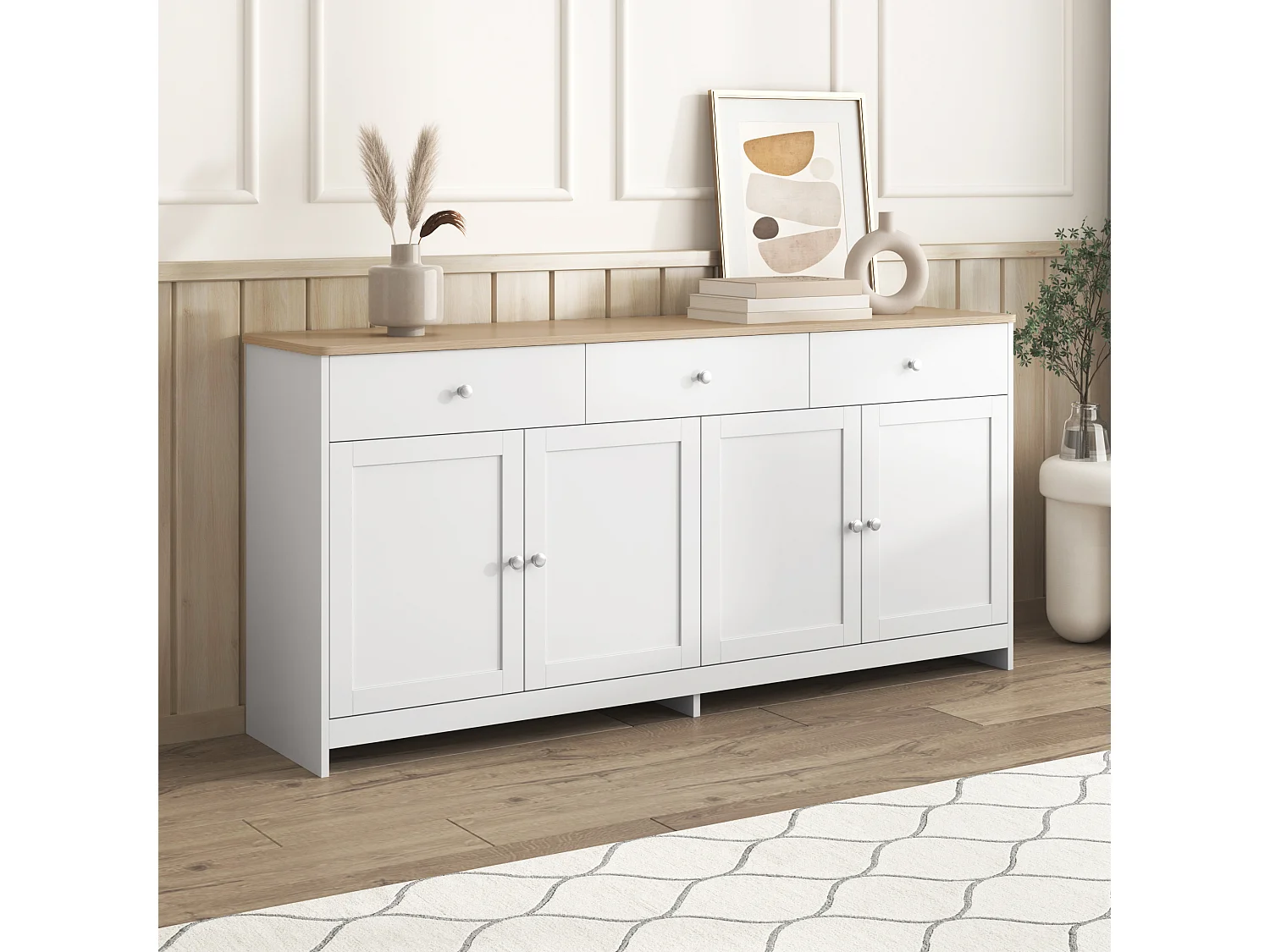 Nowoczesna komoda z drewna do salonu - 160 x 37 x 75 cm - z 4 drzwiami + 3 szufladami - MDF - biała