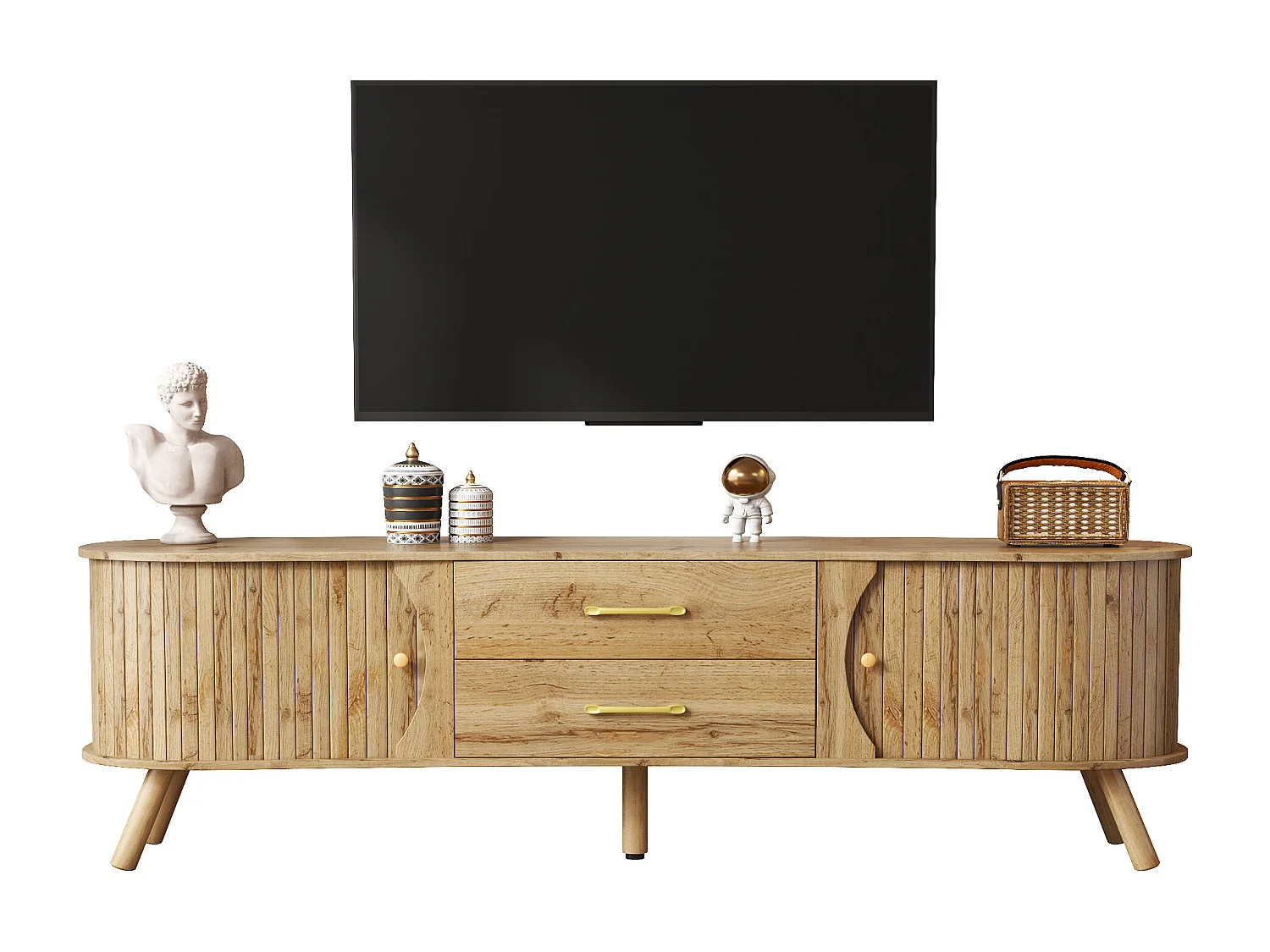 TV-Möbel in Holzoptik mit vertikalen Rillen – 160 x 36,5 x 55 cm – mit 2 Schiebetüren und 2 Schubladen – MDF – natur