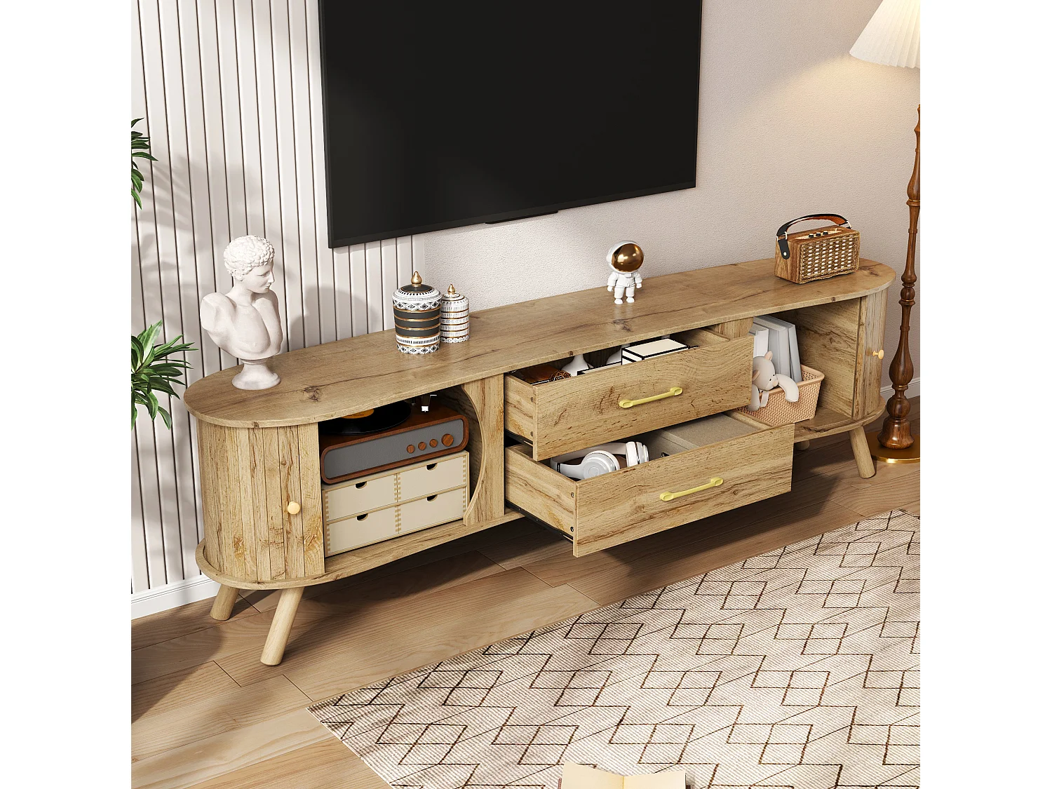 TV-Möbel in Holzoptik mit vertikalen Rillen – 160 x 36,5 x 55 cm – mit 2 Schiebetüren und 2 Schubladen – MDF – natur