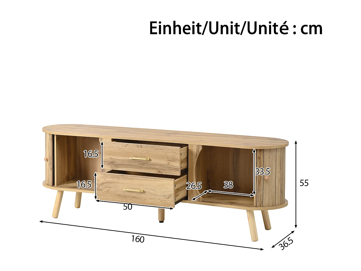 TV-Möbel in Holzoptik mit vertikalen Rillen – 160 x 36,5 x 55 cm – mit 2 Schiebetüren und 2 Schubladen – MDF – natur