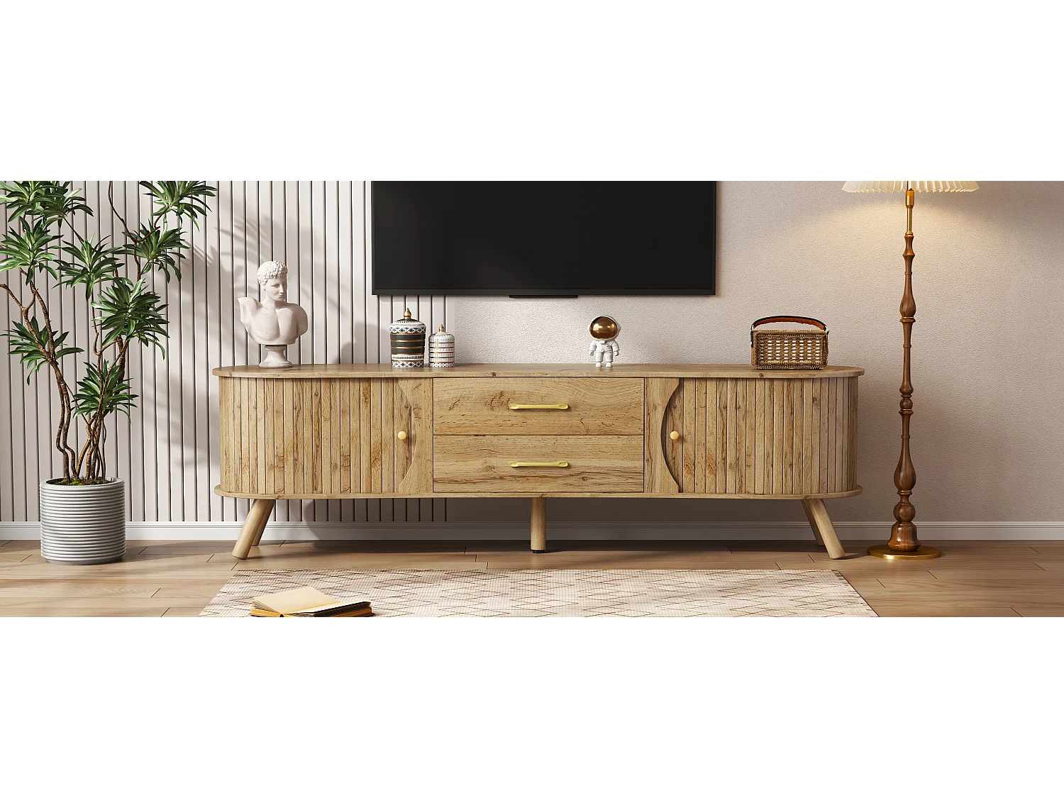 TV-Möbel in Holzoptik mit vertikalen Rillen – 160 x 36,5 x 55 cm – mit 2 Schiebetüren und 2 Schubladen – MDF – natur