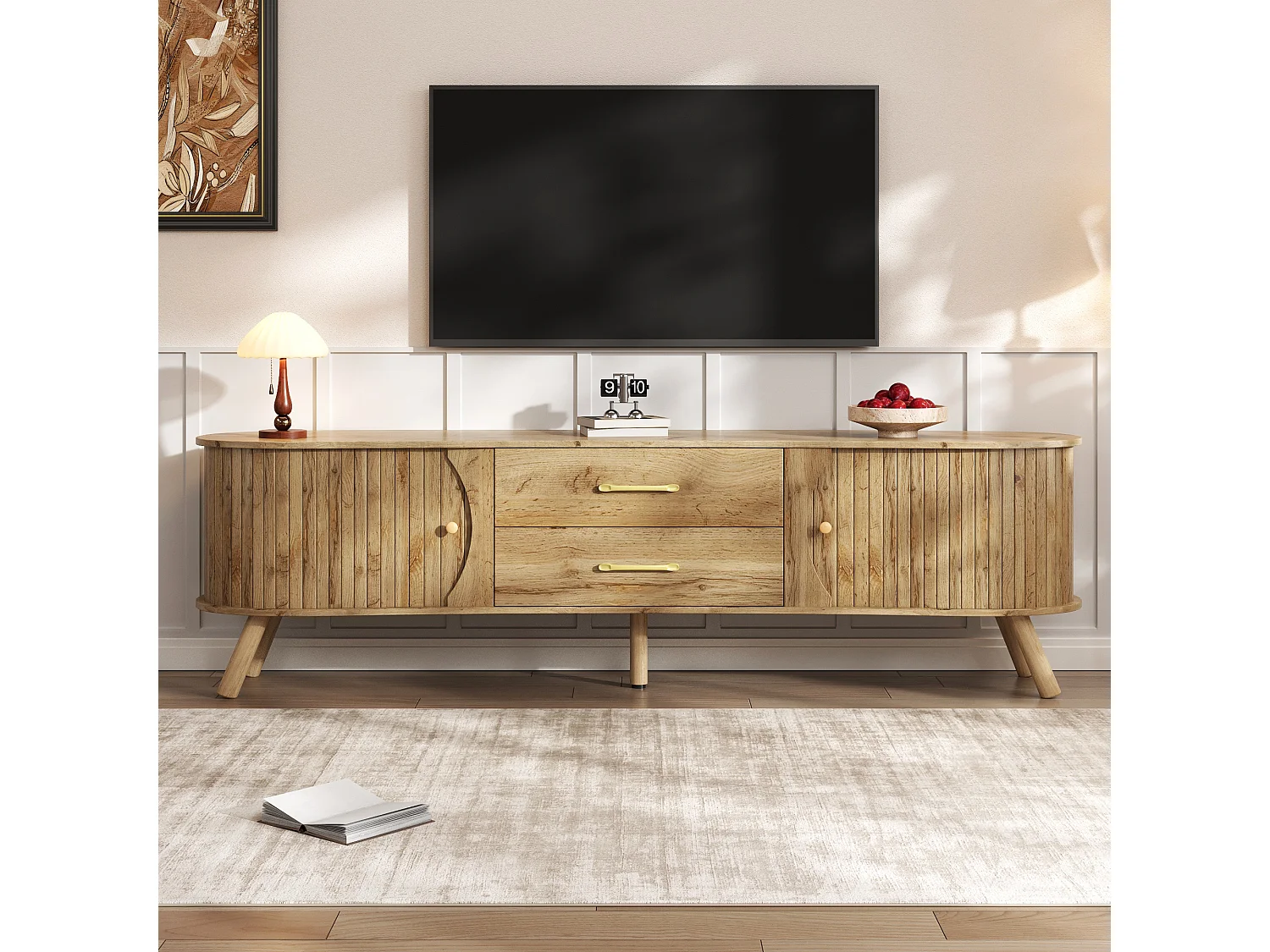 TV-Möbel in Holzoptik mit vertikalen Rillen – 160 x 36,5 x 55 cm – mit 2 Schiebetüren und 2 Schubladen – MDF – natur