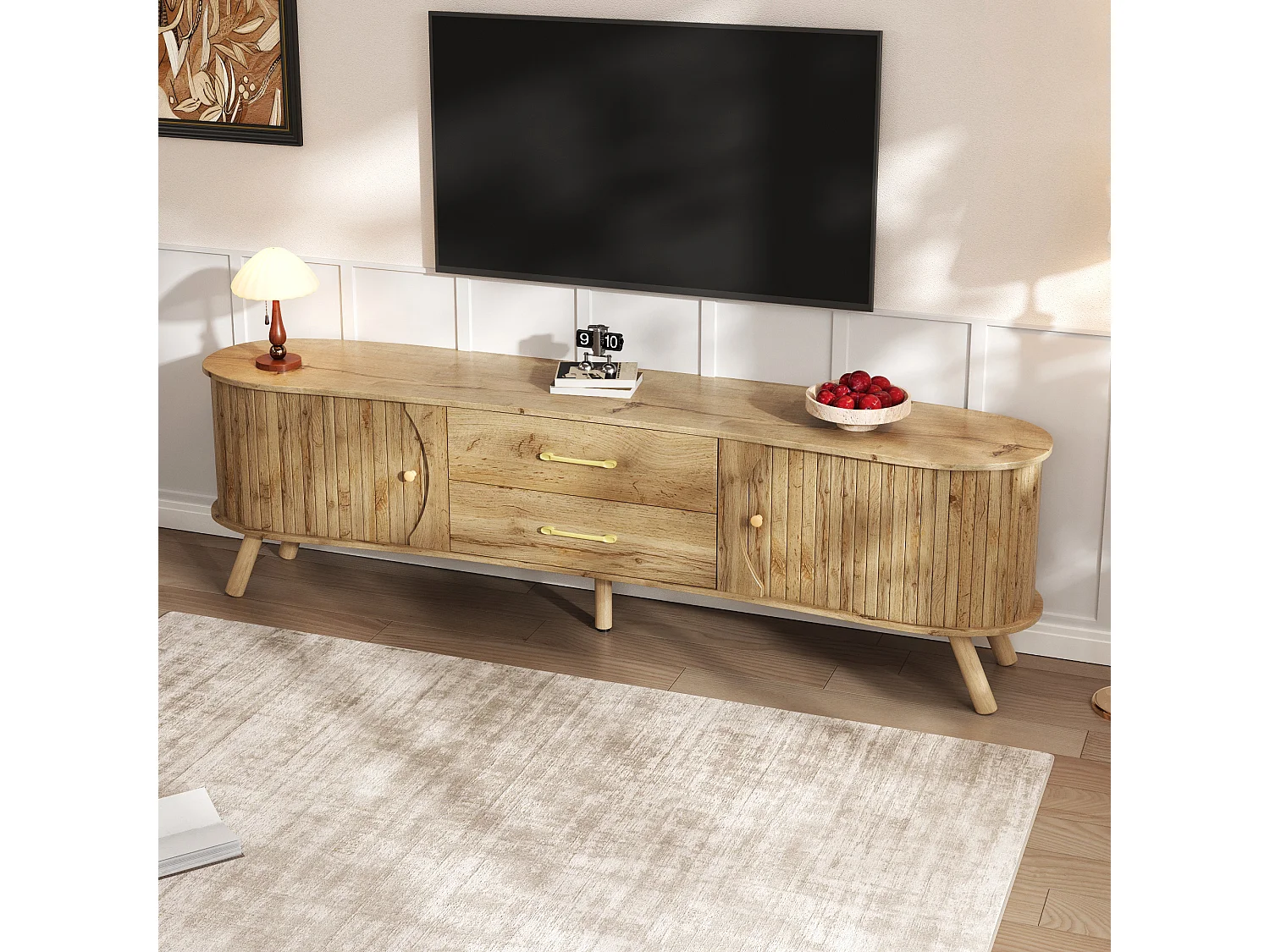 TV-Möbel in Holzoptik mit vertikalen Rillen – 160 x 36,5 x 55 cm – mit 2 Schiebetüren und 2 Schubladen – MDF – natur