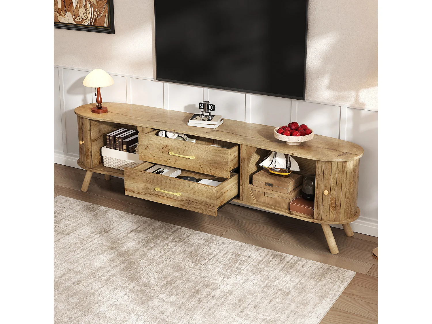 TV-Möbel in Holzoptik mit vertikalen Rillen – 160 x 36,5 x 55 cm – mit 2 Schiebetüren und 2 Schubladen – MDF – natur