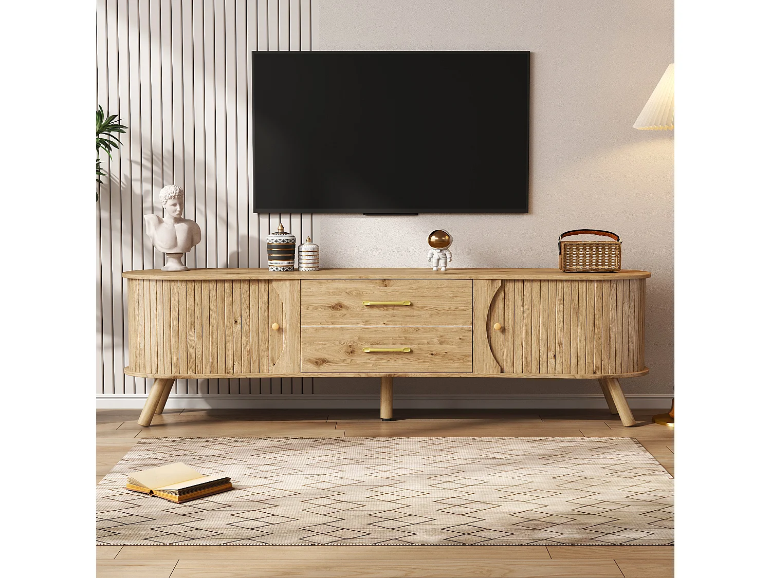 TV-Möbel in Holzoptik mit vertikalen Rillen – 160 x 36,5 x 55 cm – mit 2 Schiebetüren und 2 Schubladen – MDF – natur