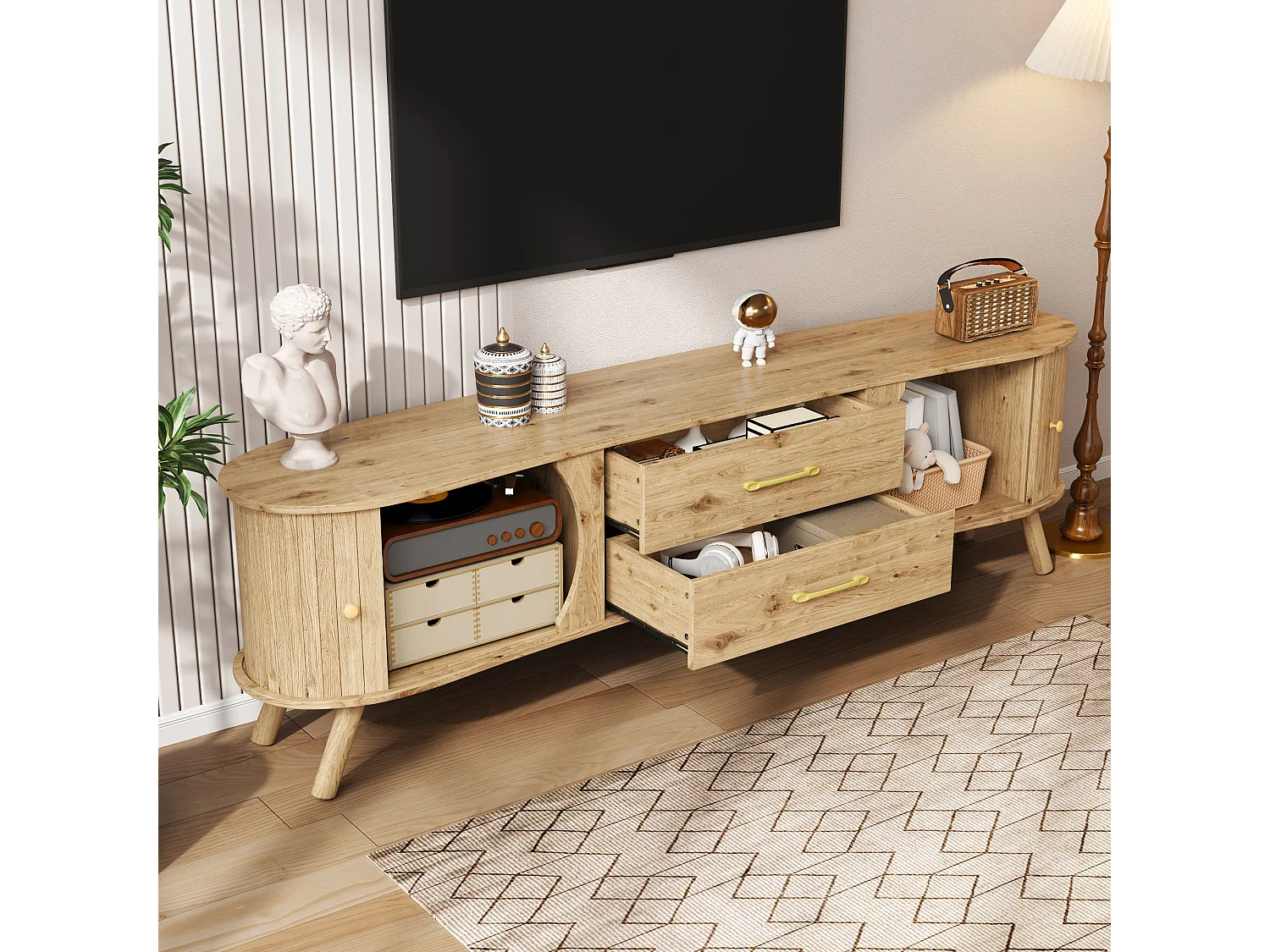 TV-Möbel in Holzoptik mit vertikalen Rillen – 160 x 36,5 x 55 cm – mit 2 Schiebetüren und 2 Schubladen – MDF – natur