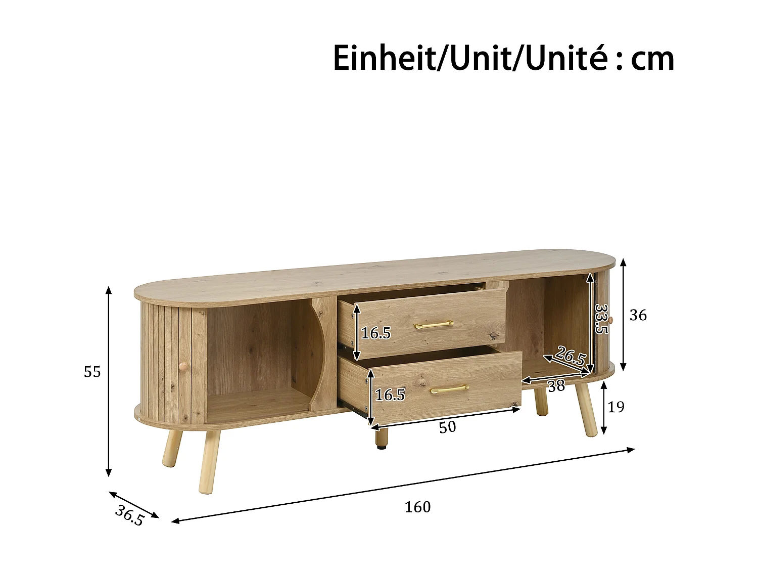 TV-Möbel in Holzoptik mit vertikalen Rillen – 160 x 36,5 x 55 cm – mit 2 Schiebetüren und 2 Schubladen – MDF – natur