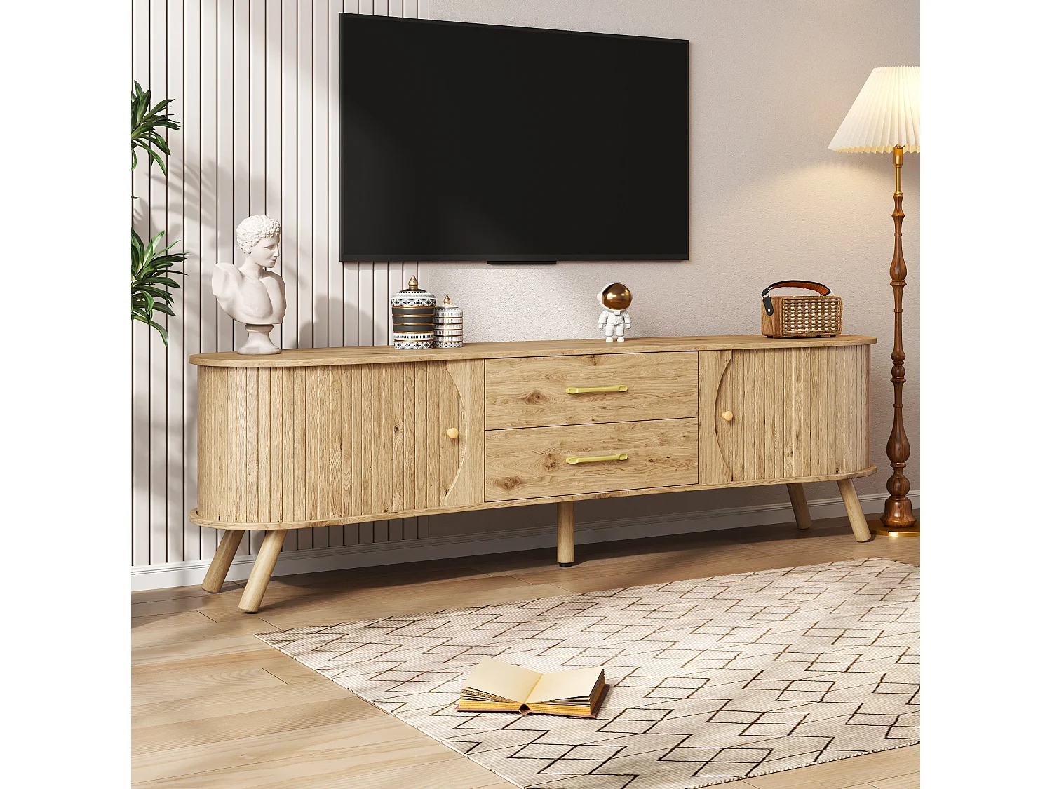 TV-Möbel in Holzoptik mit vertikalen Rillen – 160 x 36,5 x 55 cm – mit 2 Schiebetüren und 2 Schubladen – MDF – natur