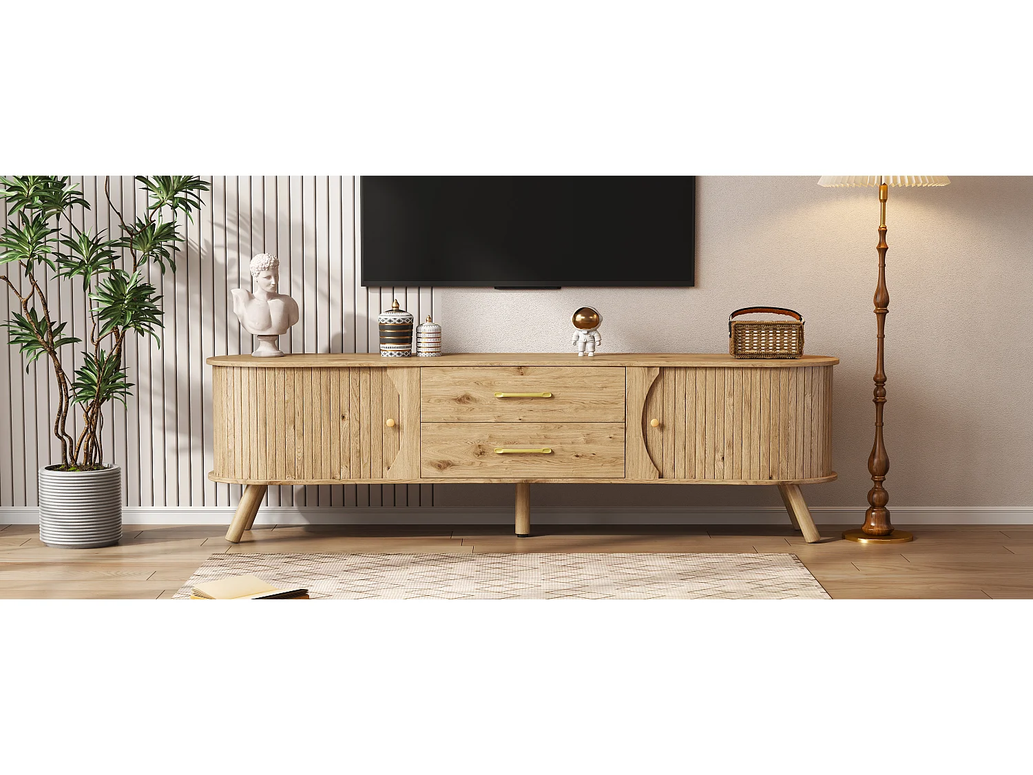 TV-Möbel in Holzoptik mit vertikalen Rillen – 160 x 36,5 x 55 cm – mit 2 Schiebetüren und 2 Schubladen – MDF – natur