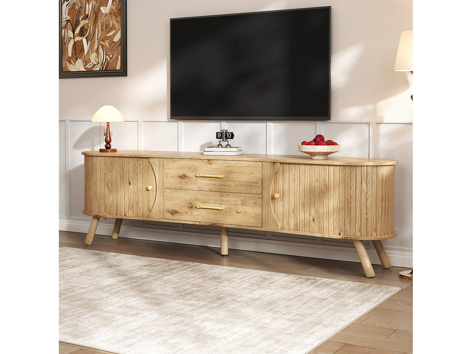 TV-Möbel in Holzoptik mit vertikalen Rillen – 160 x 36,5 x 55 cm – mit 2 Schiebetüren und 2 Schubladen – MDF – natur