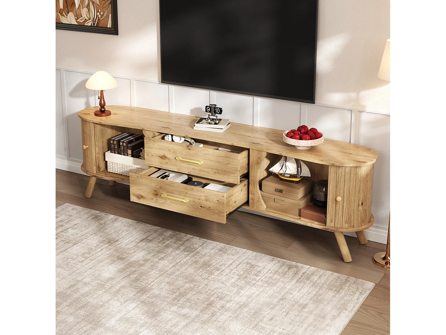 TV-Möbel in Holzoptik mit vertikalen Rillen – 160 x 36,5 x 55 cm – mit 2 Schiebetüren und 2 Schubladen – MDF – natur