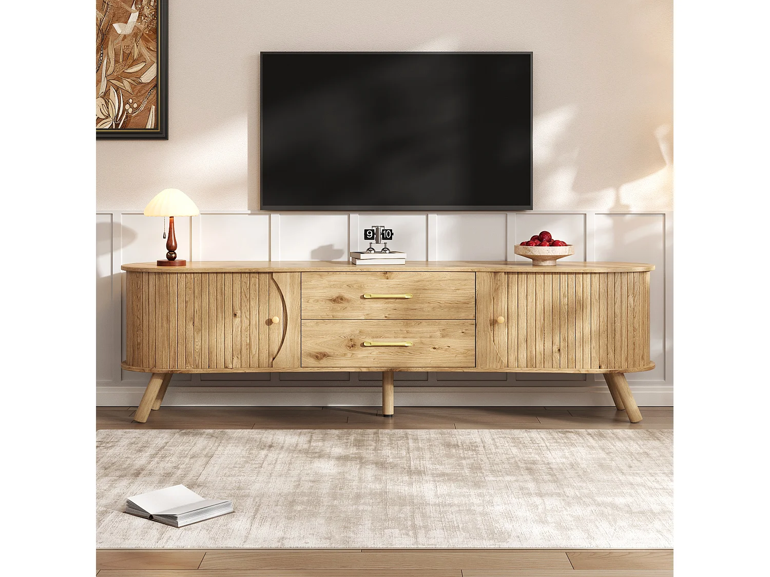TV-Möbel in Holzoptik mit vertikalen Rillen – 160 x 36,5 x 55 cm – mit 2 Schiebetüren und 2 Schubladen – MDF – natur
