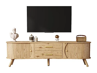 TV-meubel met houtlook en verticale groeven - 160 x 36,5 x 55 cm - met 2 schuifdeuren + 2 lades - MDF - naturel