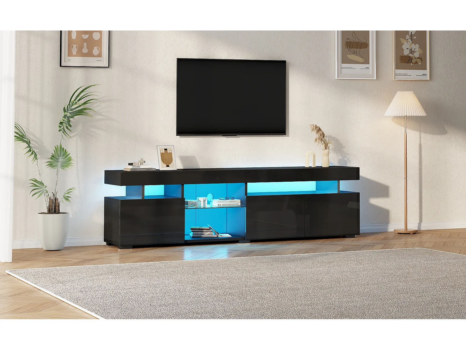 Hochglanzlackierter TV-Ständer – 180 x 35 x 45 cm – mit 3 Türen und Einlegeböden aus Sicherheitsglas – für 80-Zoll-Fernseher – Spanplatte – schwarz