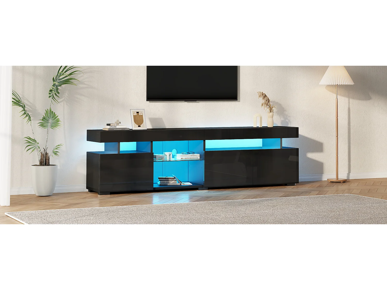 Hochglanzlackierter TV-Ständer – 180 x 35 x 45 cm – mit 3 Türen und Einlegeböden aus Sicherheitsglas – für 80-Zoll-Fernseher – Spanplatte – schwarz