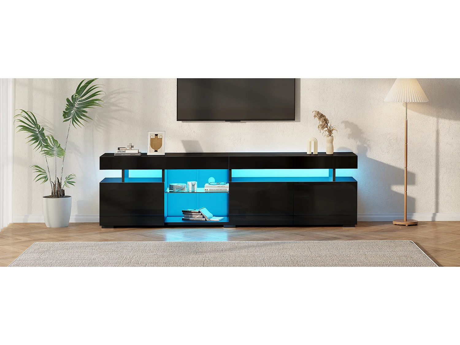 Hochglanzlackierter TV-Ständer – 180 x 35 x 45 cm – mit 3 Türen und Einlegeböden aus Sicherheitsglas – für 80-Zoll-Fernseher – Spanplatte – schwarz