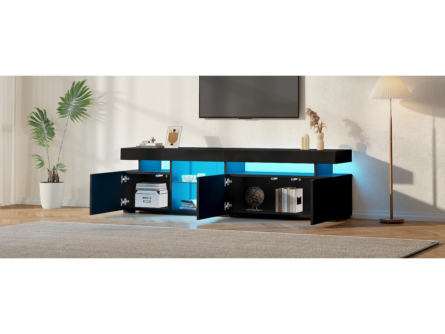 Hochglanzlackierter TV-Ständer – 180 x 35 x 45 cm – mit 3 Türen und Einlegeböden aus Sicherheitsglas – für 80-Zoll-Fernseher – Spanplatte – schwarz