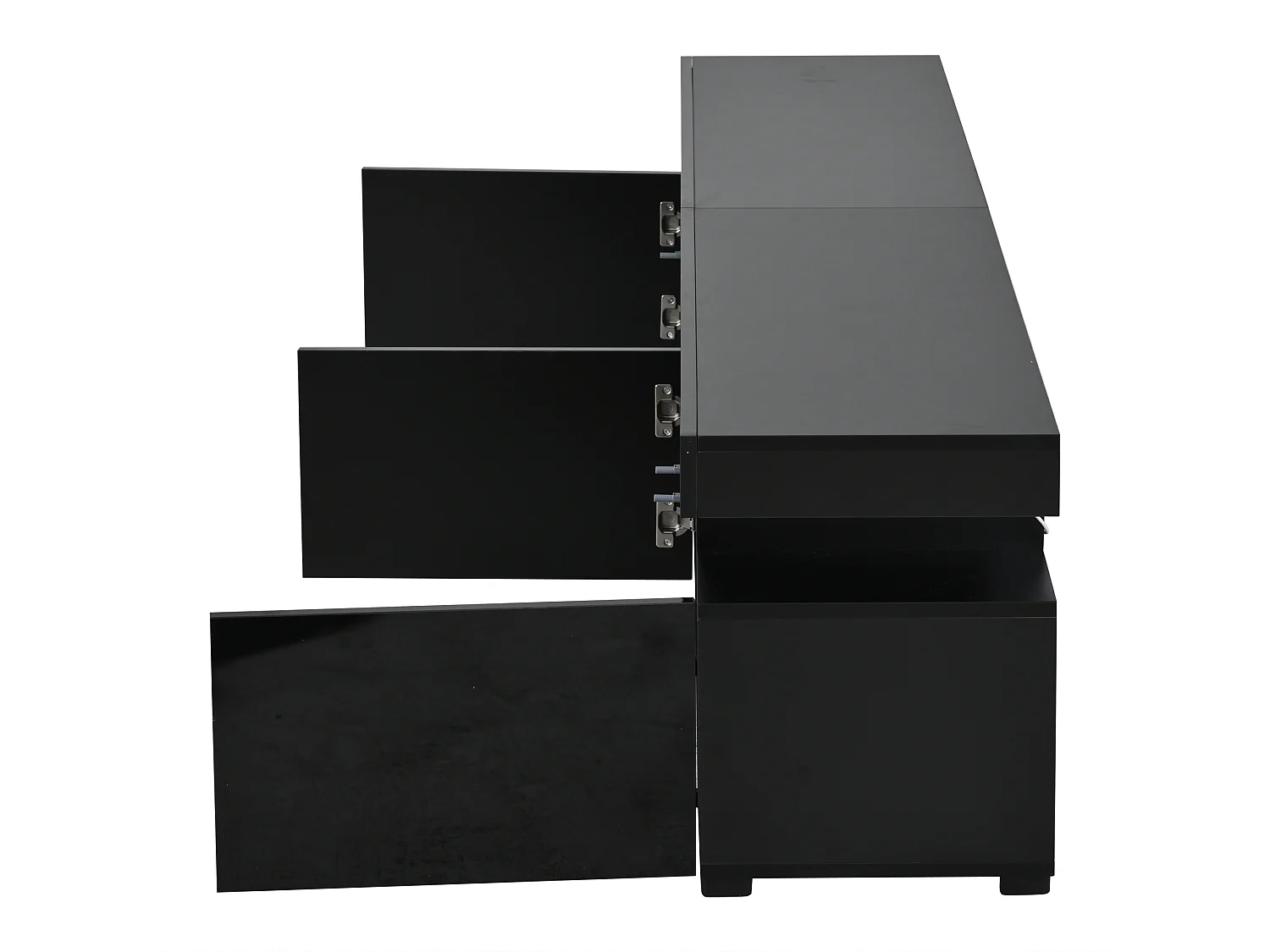 Hochglanzlackierter TV-Ständer – 180 x 35 x 45 cm – mit 3 Türen und Einlegeböden aus Sicherheitsglas – für 80-Zoll-Fernseher – Spanplatte – schwarz