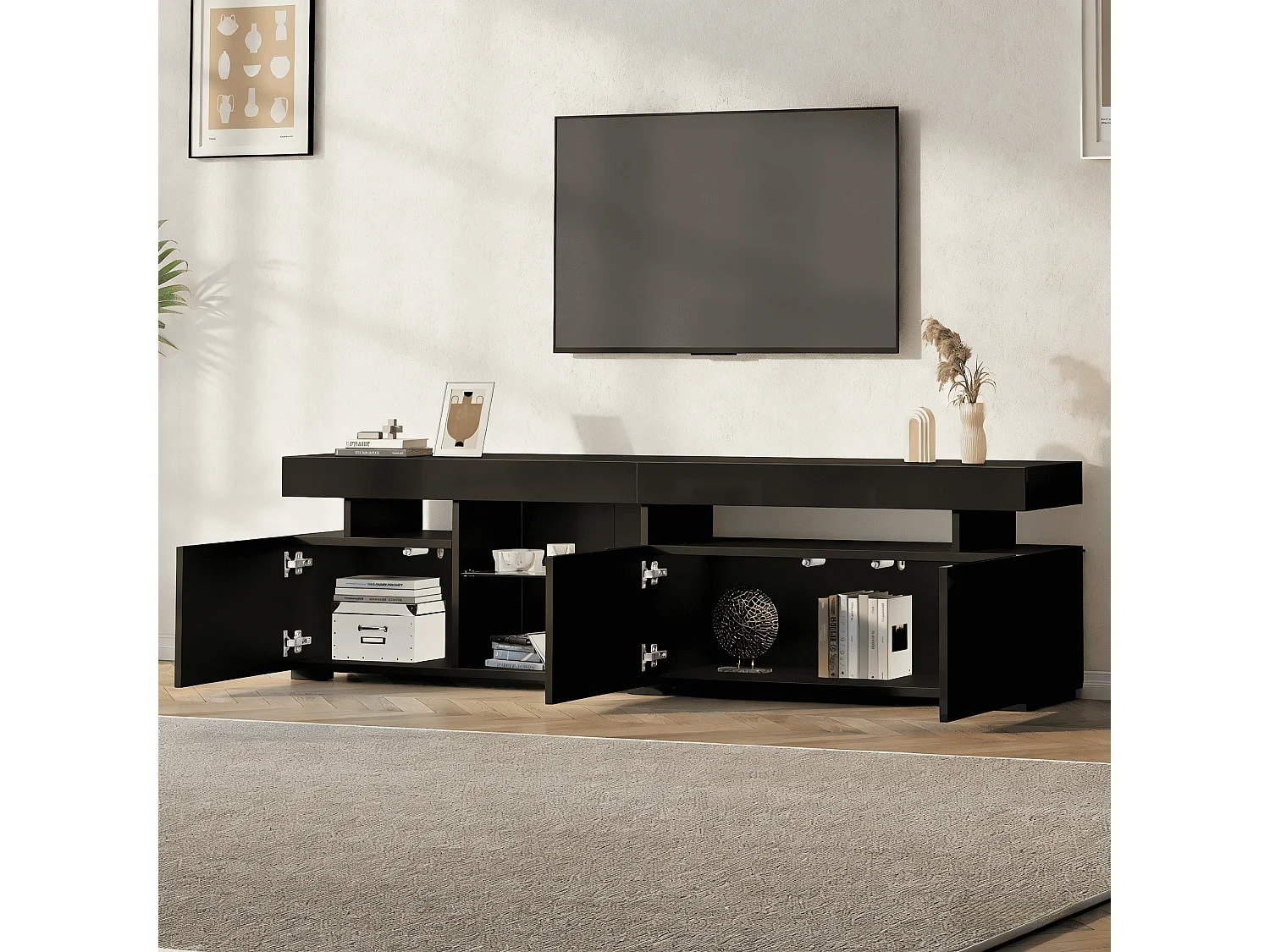 Hochglanzlackierter TV-Ständer – 180 x 35 x 45 cm – mit 3 Türen und Einlegeböden aus Sicherheitsglas – für 80-Zoll-Fernseher – Spanplatte – schwarz