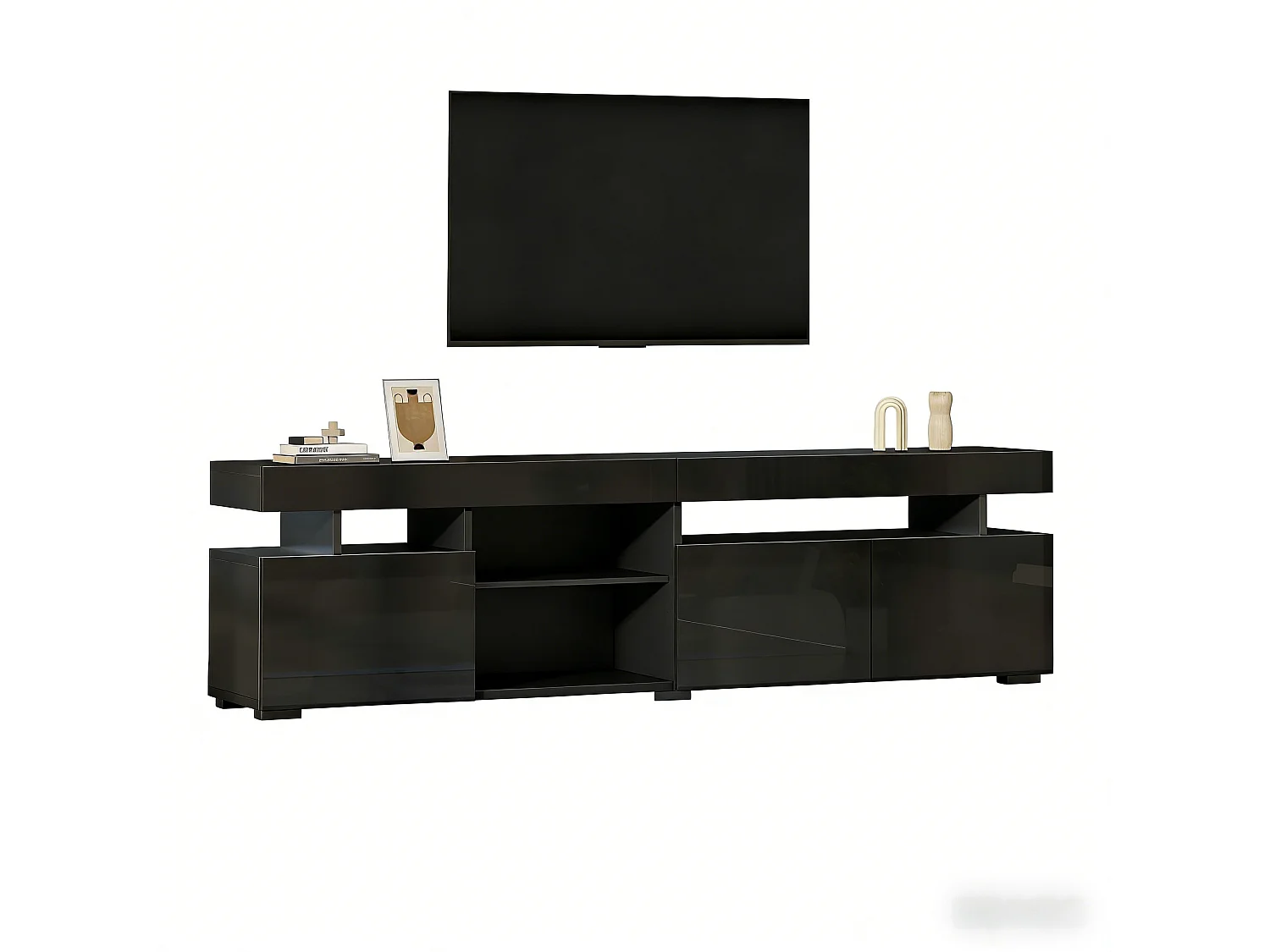 Hochglanzlackierter TV-Ständer – 180 x 35 x 45 cm – mit 3 Türen und Einlegeböden aus Sicherheitsglas – für 80-Zoll-Fernseher – Spanplatte – schwarz