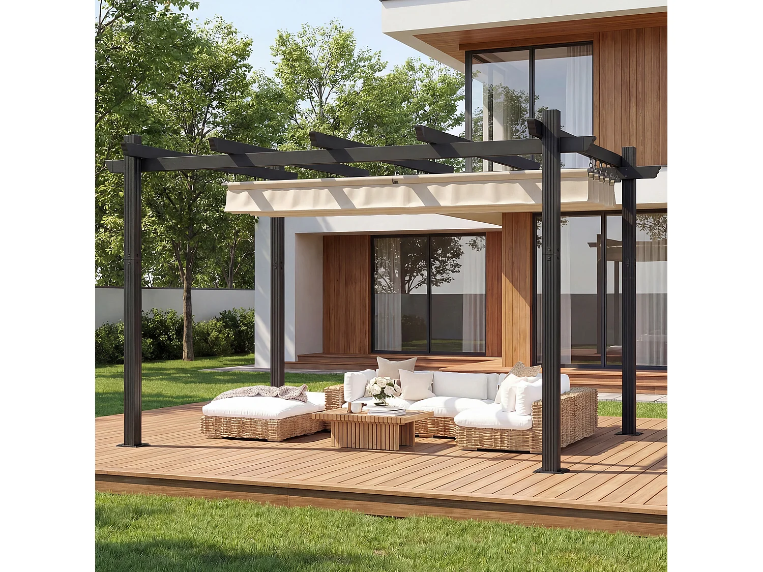 DEVOKE Tonnelle 3×4 m, toit pare-soleil réglable, protection UV UPF50+, imperméable, toit de terrasse autoportant, pour jardin, terrasse et piscine, couleur beige