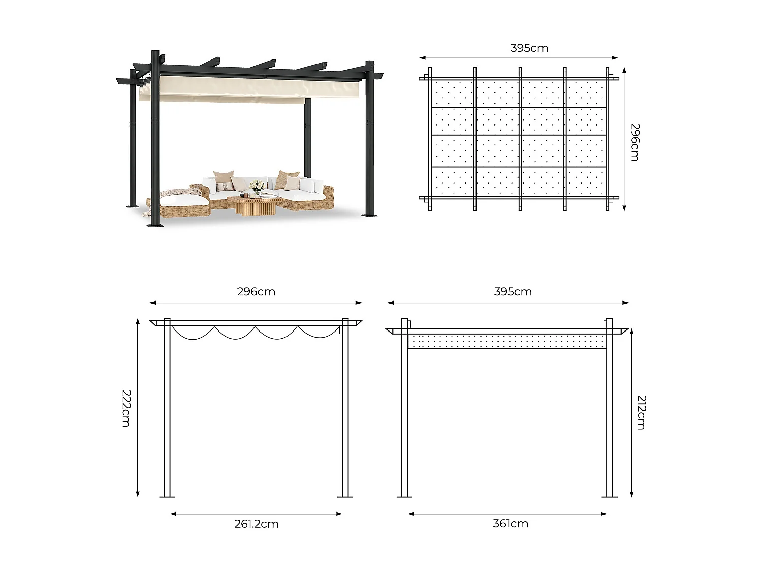 DEVOKE Tonnelle 3×4 m, toit pare-soleil réglable, protection UV UPF50+, imperméable, toit de terrasse autoportant, pour jardin, terrasse et piscine, couleur beige
