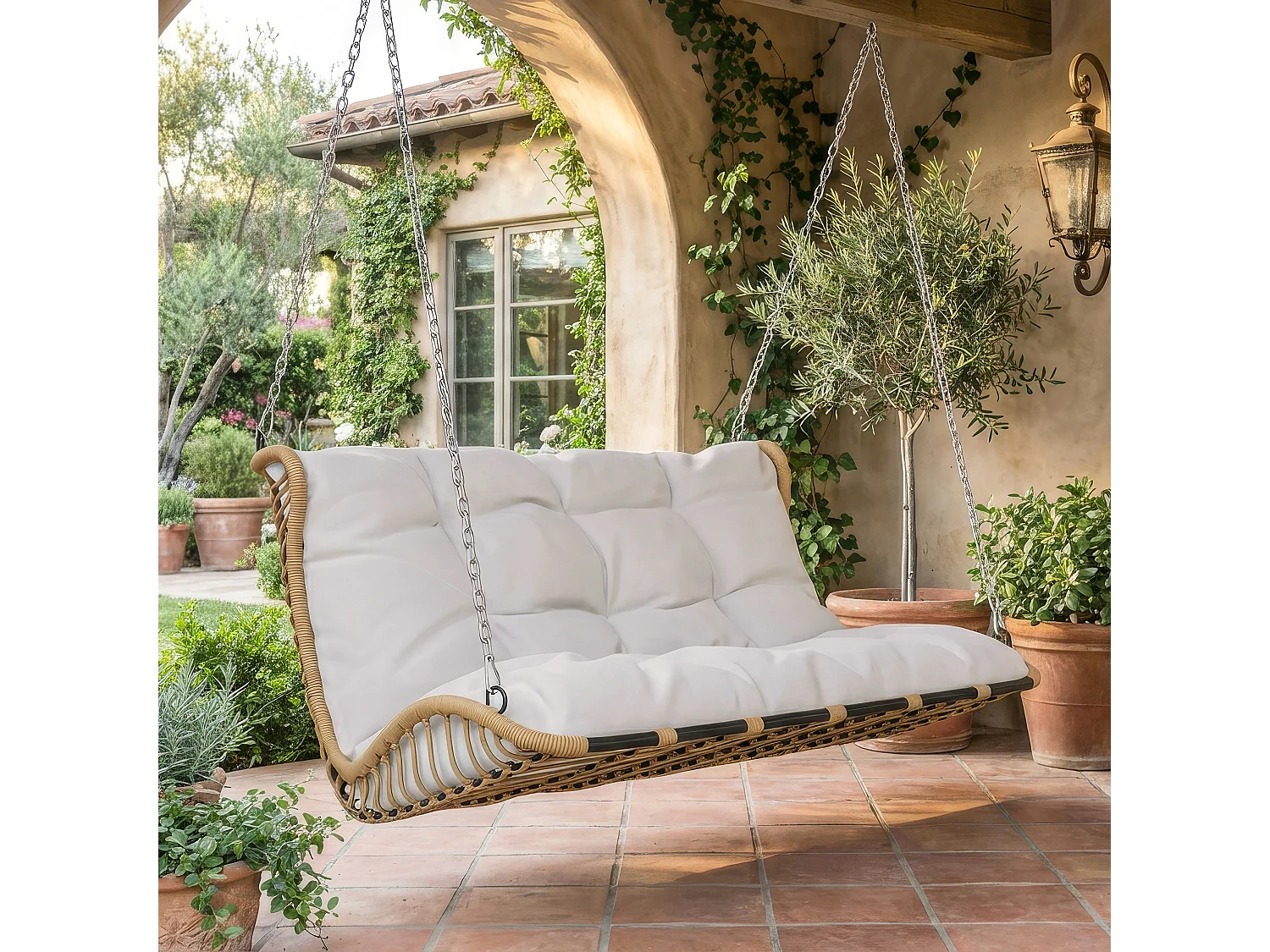 Fauteuil suspendu double en rotin PE pour jardin - 106.5 x 72.5 x 75 cm - avec coussins - sans structure - Polyester - beige