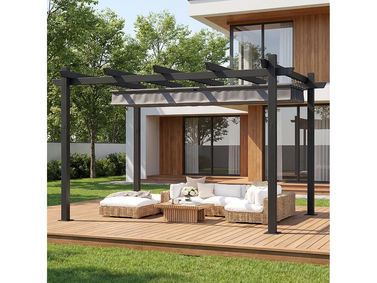 DEVOKE Pergola 3×4 m, toit pare-soleil réglable, protection UV UPF50+, imperméable, toit de terrasse autoportant, pour jardin, terrasse et piscine, couleur gris