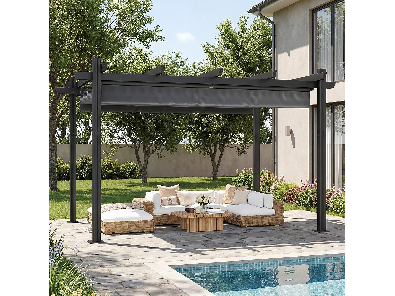DEVOKE Pergola 3×4 m, toit pare-soleil réglable, protection UV UPF50+, imperméable, toit de terrasse autoportant, pour jardin, terrasse et piscine, couleur gris