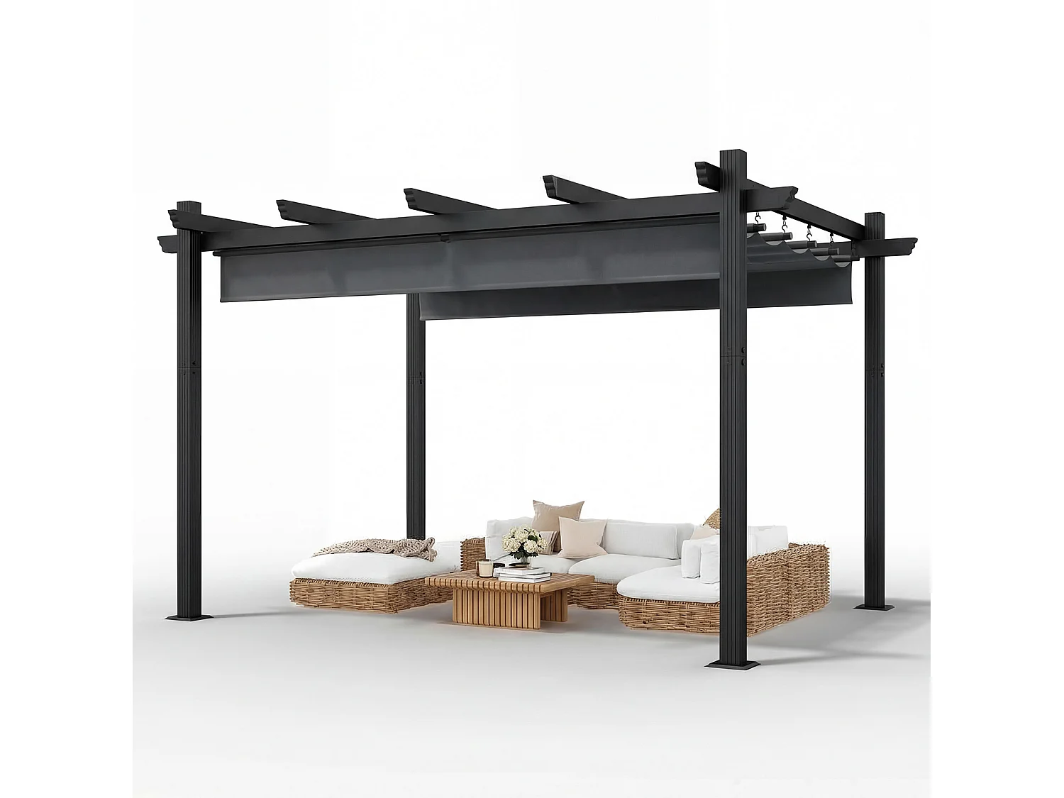 DEVOKE Pergola 3×4 m, toit pare-soleil réglable, protection UV UPF50+, imperméable, toit de terrasse autoportant, pour jardin, terrasse et piscine, couleur gris