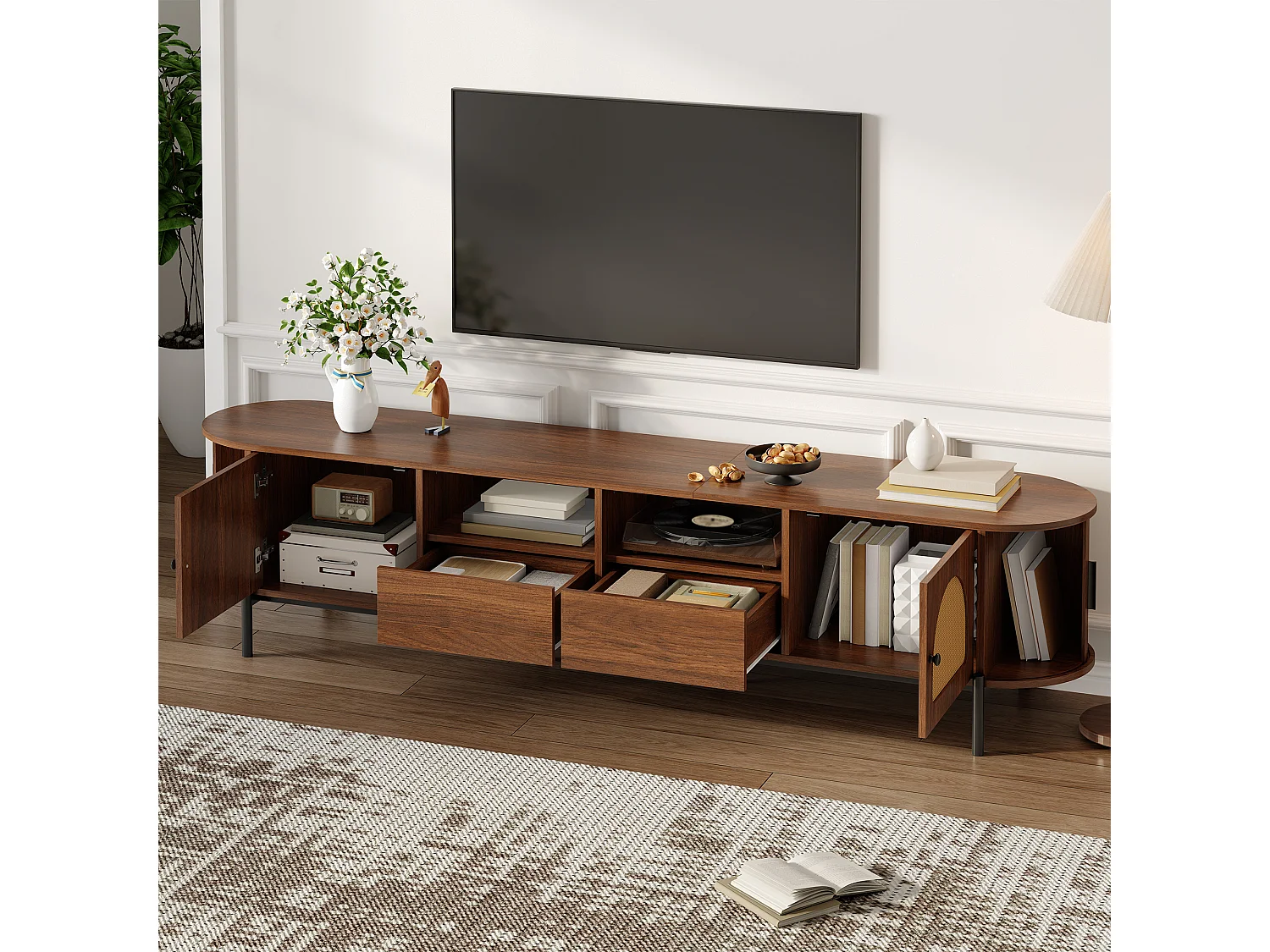 Ovaler TV-Ständer aus Rattan – 200 x 40 x 49,5 cm – mit Schiebetüren und 2 Schubladen – Metallbeine – MDF – braun
