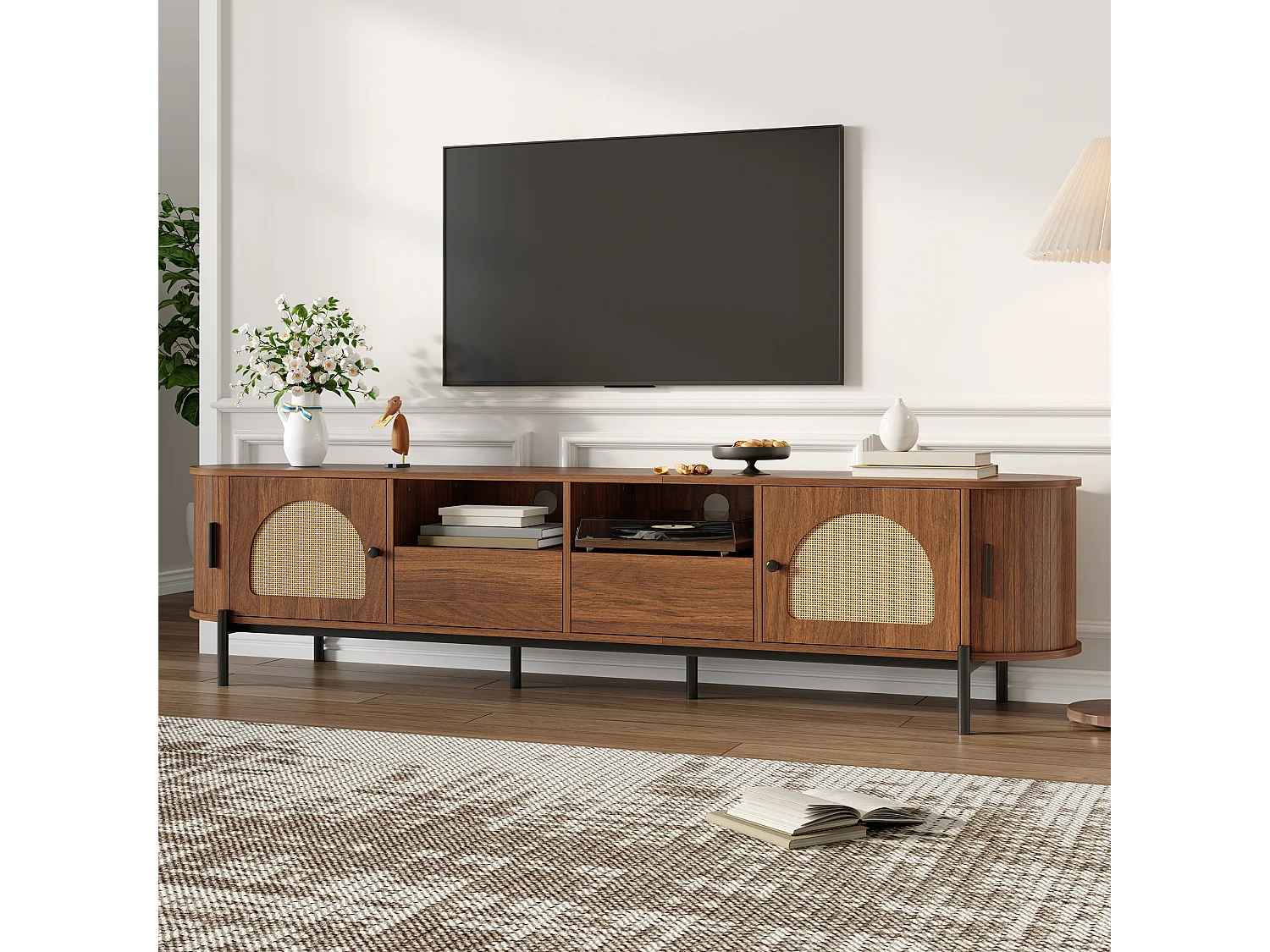 Ovaler TV-Ständer aus Rattan – 200 x 40 x 49,5 cm – mit Schiebetüren und 2 Schubladen – Metallbeine – MDF – braun
