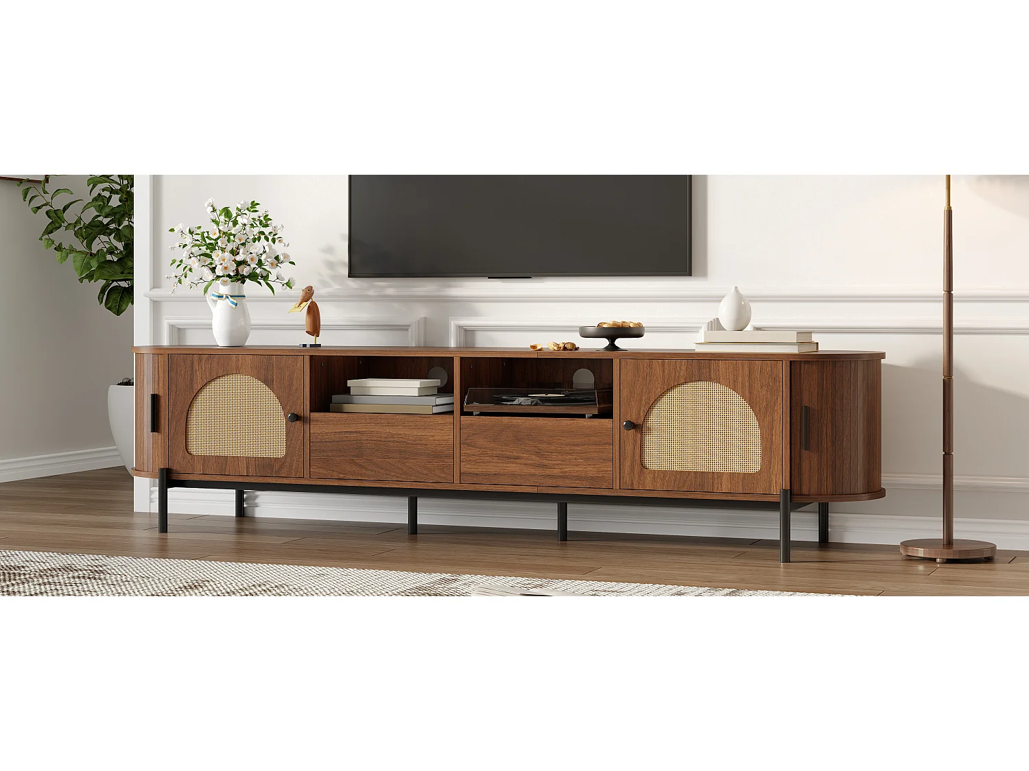 Ovaler TV-Ständer aus Rattan – 200 x 40 x 49,5 cm – mit Schiebetüren und 2 Schubladen – Metallbeine – MDF – braun