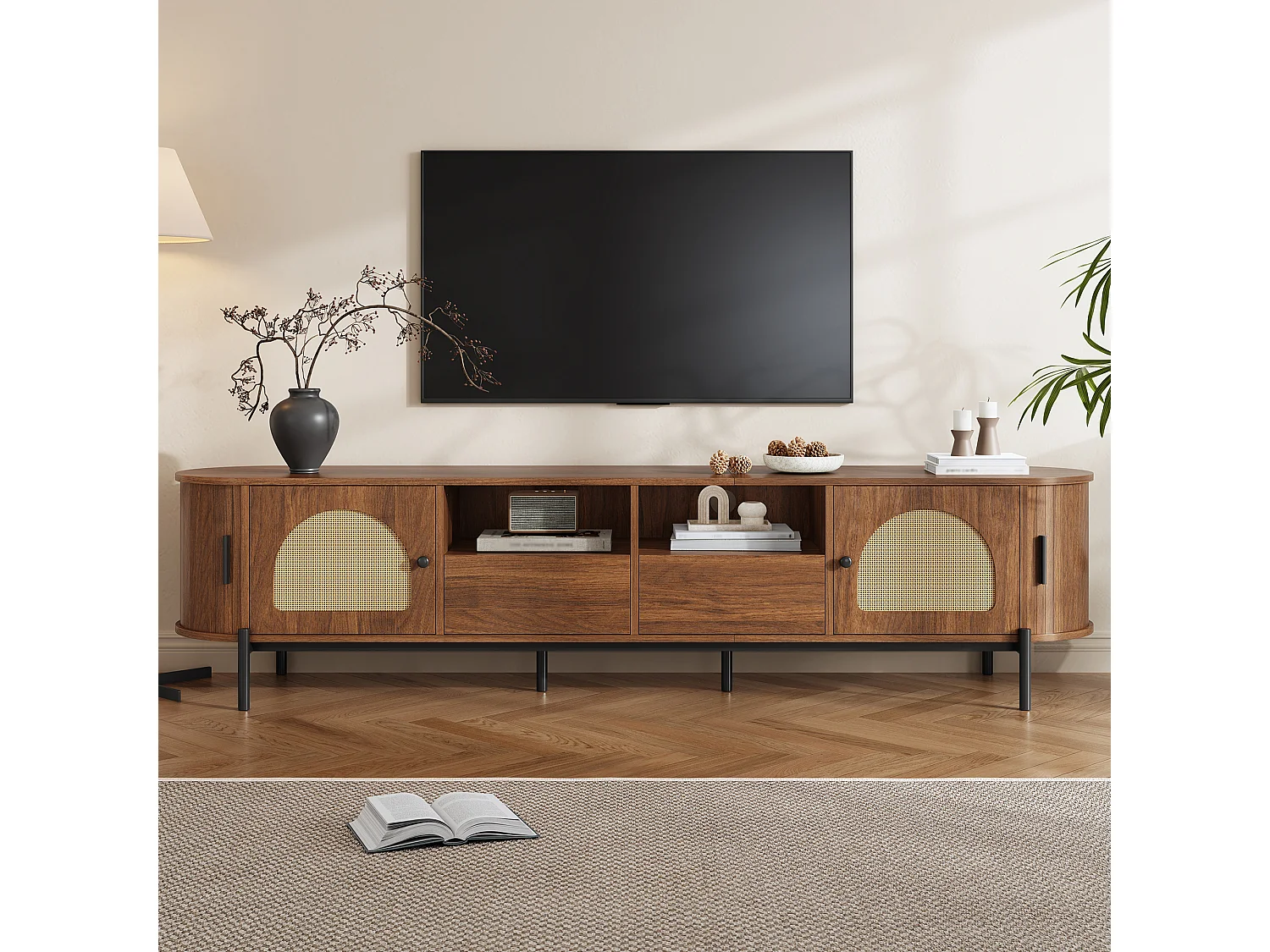 Ovaler TV-Ständer aus Rattan – 200 x 40 x 49,5 cm – mit Schiebetüren und 2 Schubladen – Metallbeine – MDF – braun