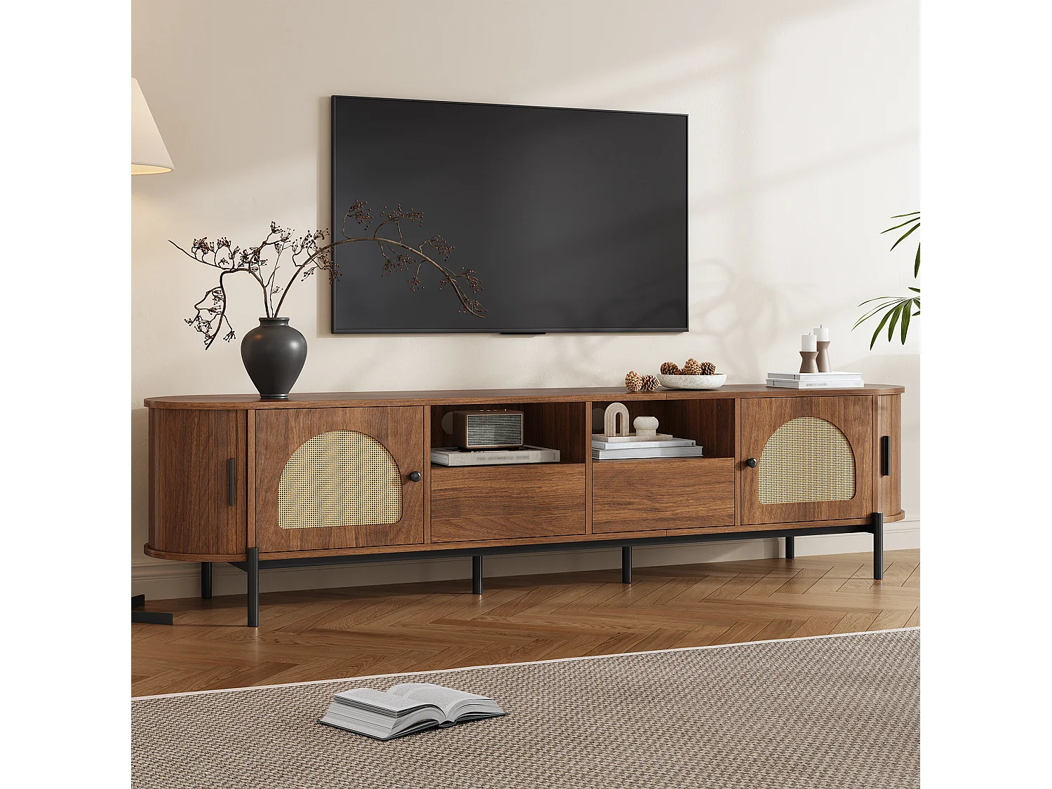 Ovaler TV-Ständer aus Rattan – 200 x 40 x 49,5 cm – mit Schiebetüren und 2 Schubladen – Metallbeine – MDF – braun