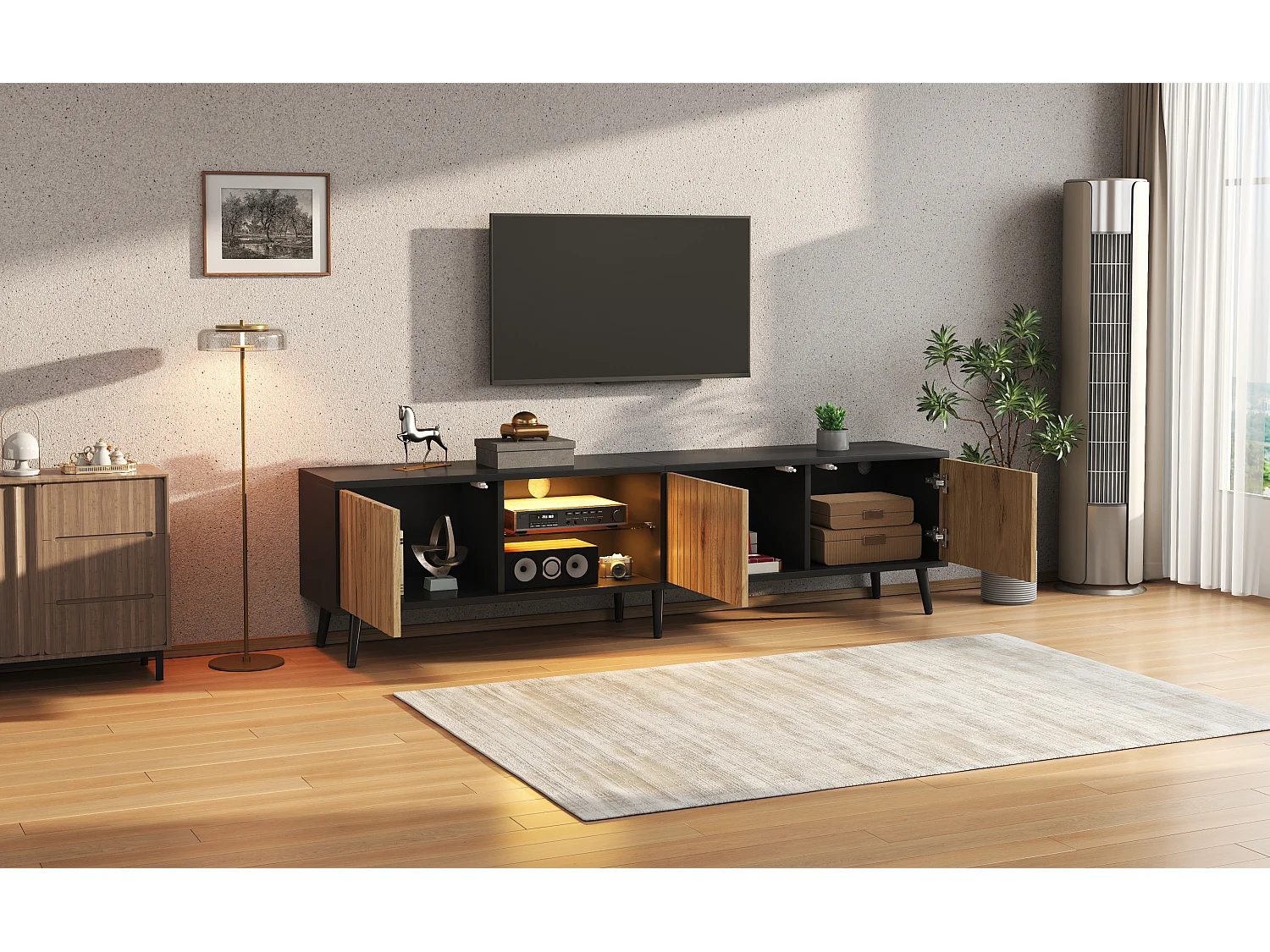 Moderner TV-Ständer fürs Wohnzimmer – 175 x 31 x 43,5 cm – mit 3 Türen, Ablagefach und LED-Beleuchtung – für 75-Zoll-Fernseher – Spanplatte – Natur