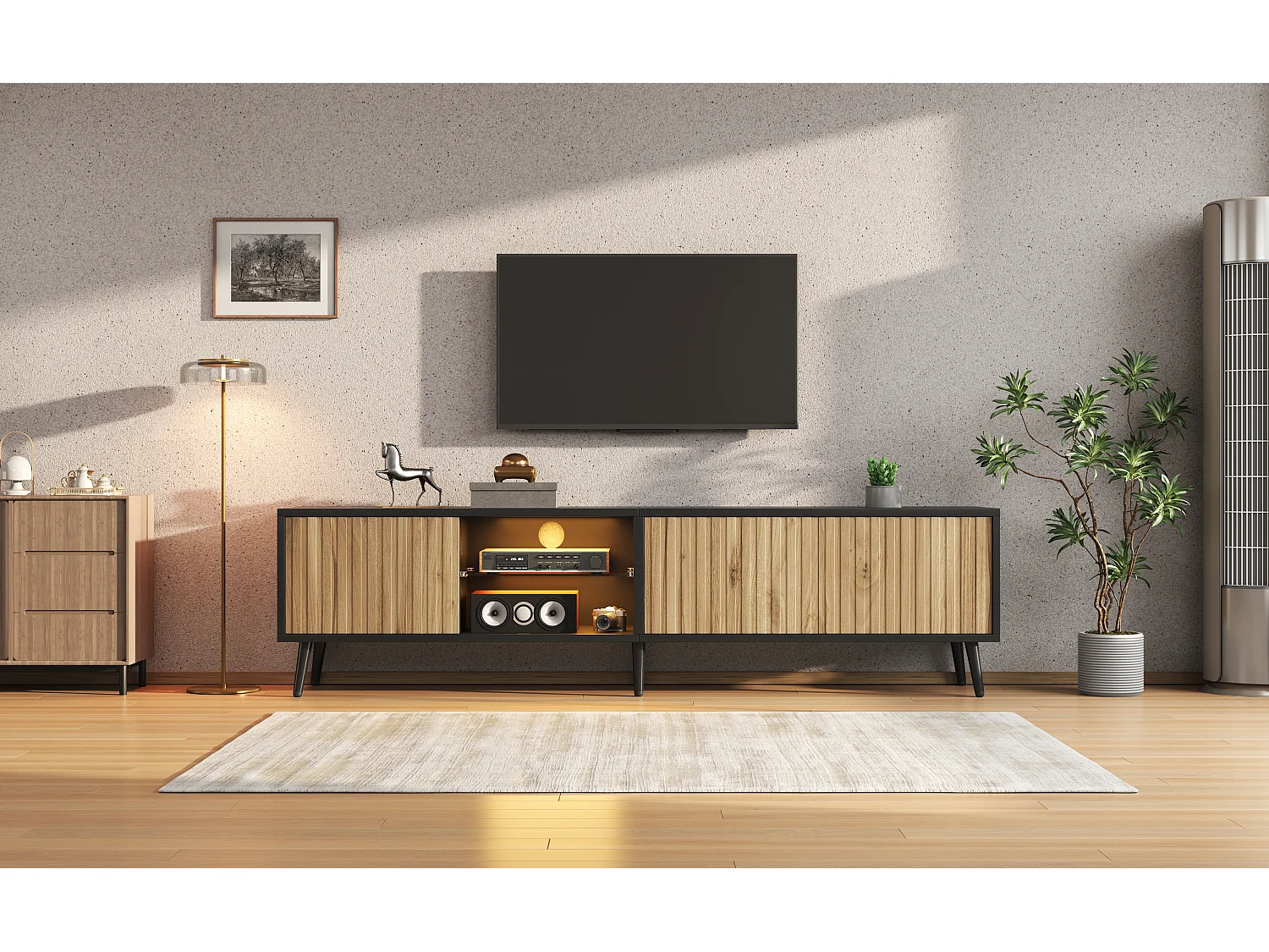 Moderner TV-Ständer fürs Wohnzimmer – 175 x 31 x 43,5 cm – mit 3 Türen, Ablagefach und LED-Beleuchtung – für 75-Zoll-Fernseher – Spanplatte – Natur